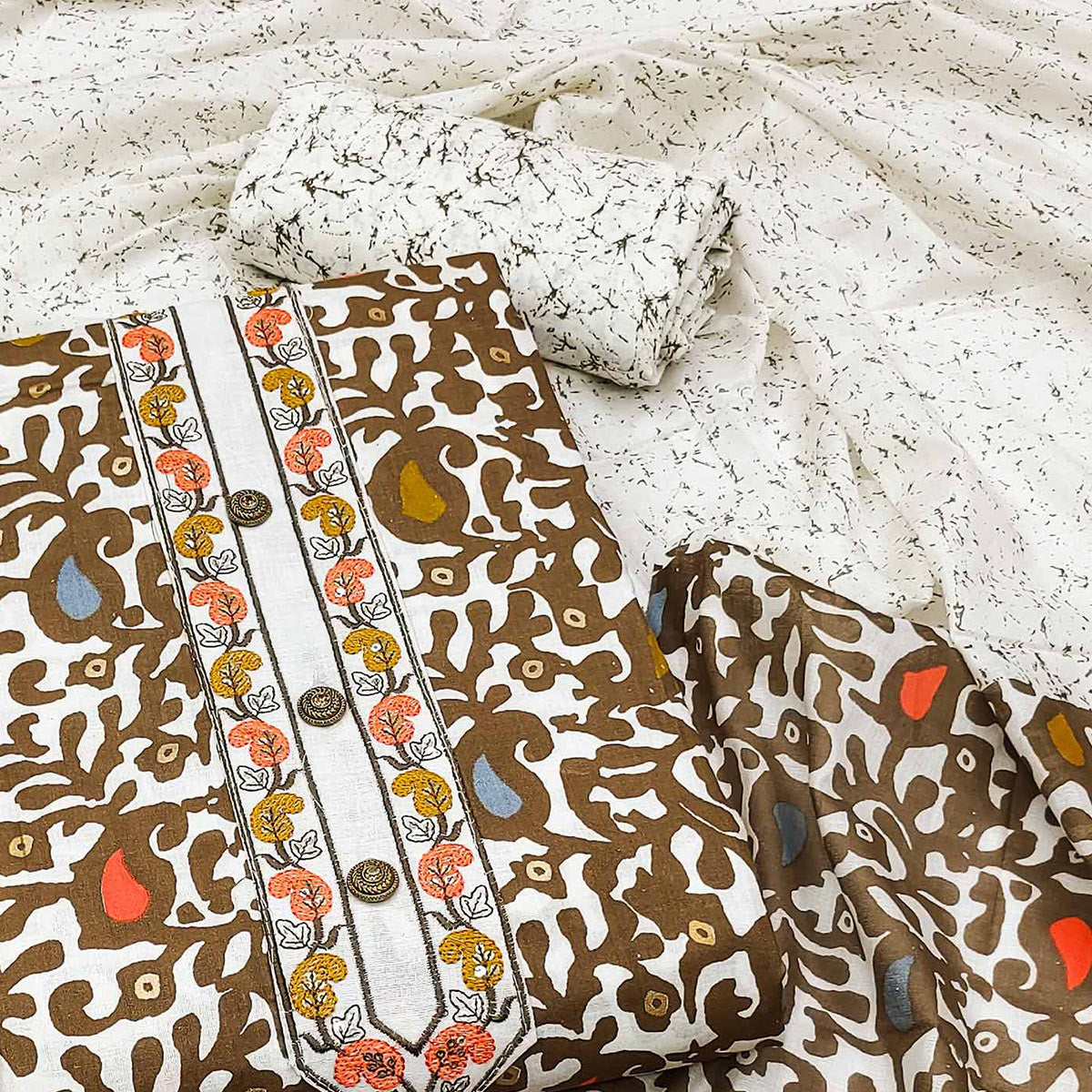 Brown Printed Cotton Dress Material