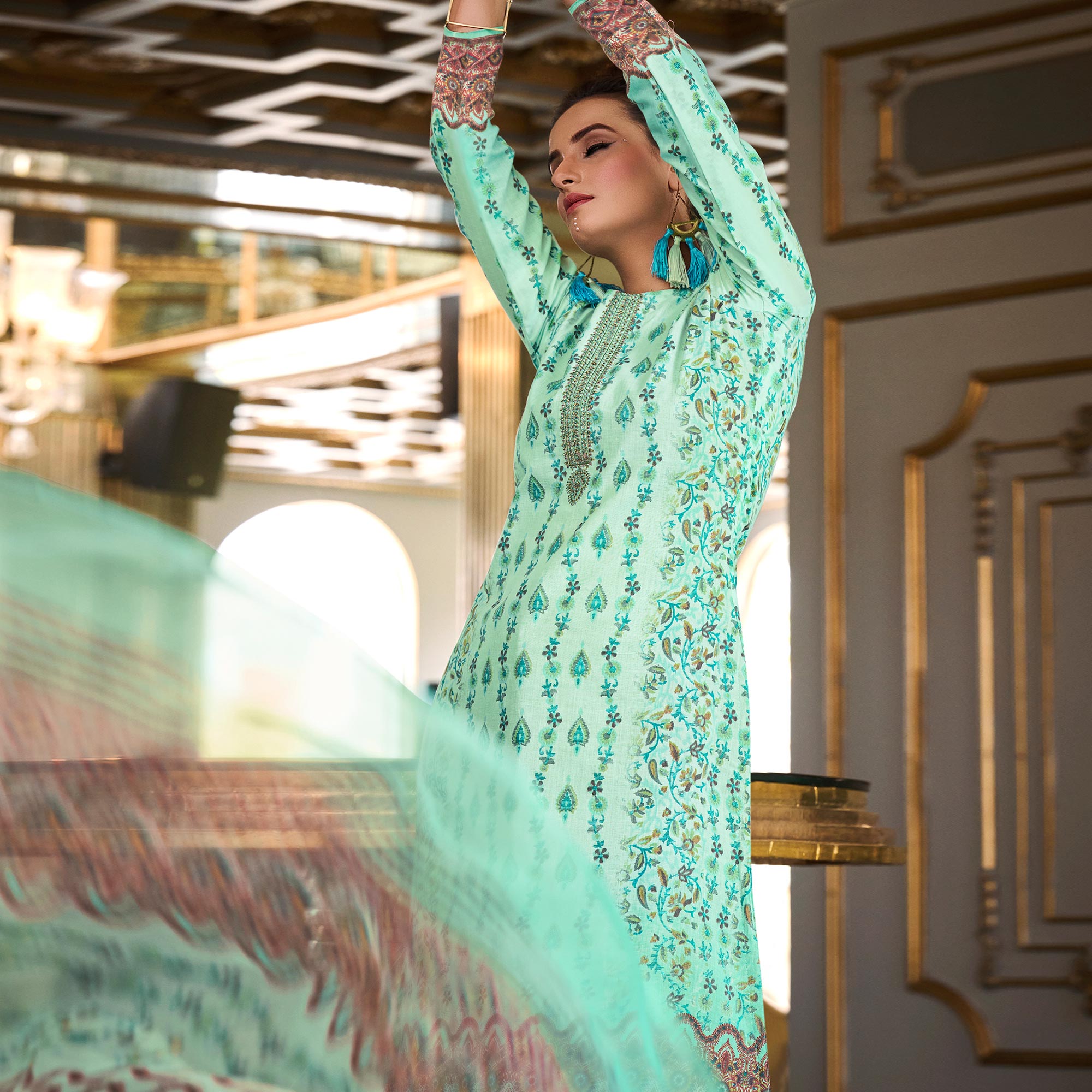 Sea Green Printed With Embroidered Pure Cotton Salwar Suit