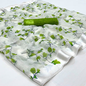 White Green Floral Printed Linen Saree