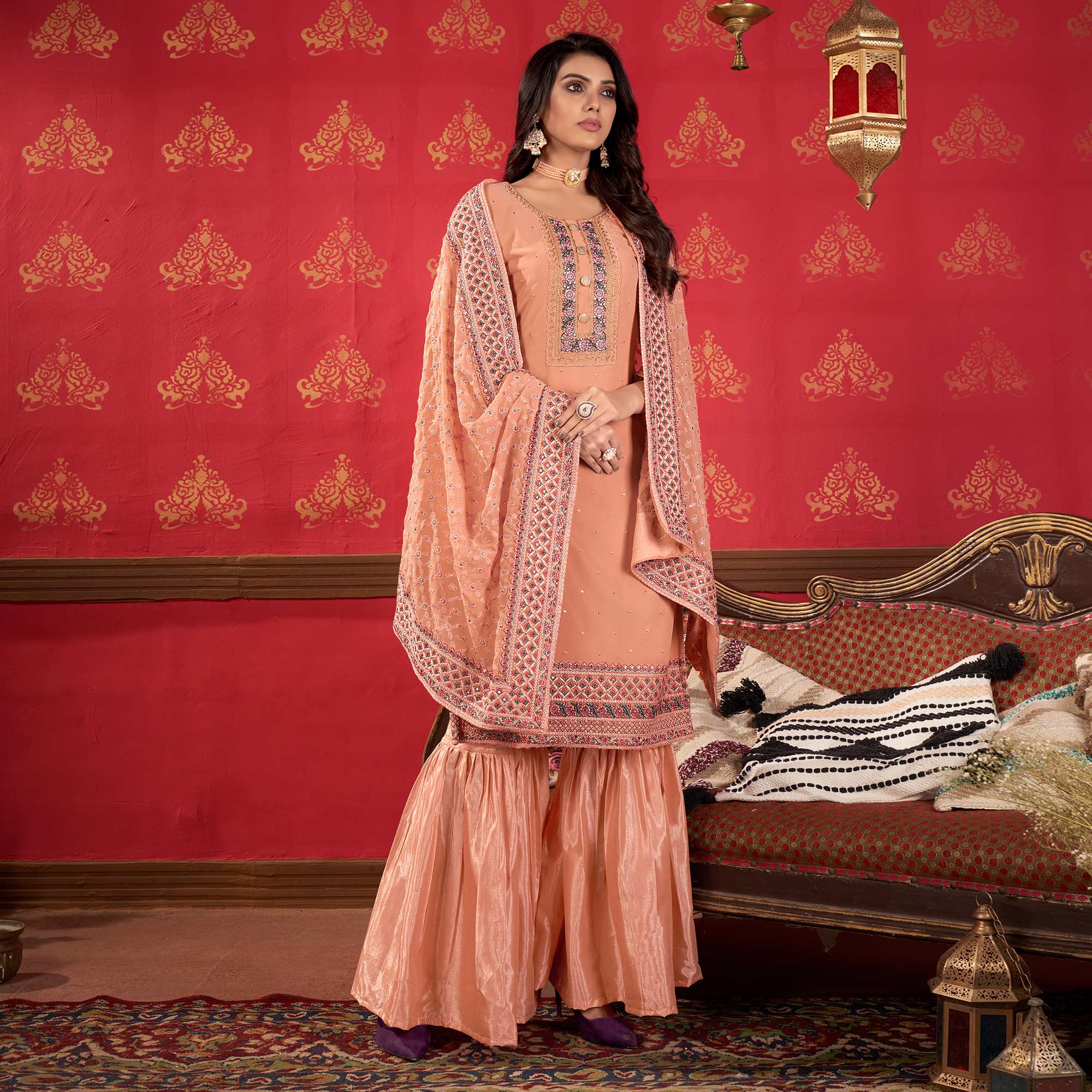 Peach Embroidered Georgette Sharara Suit