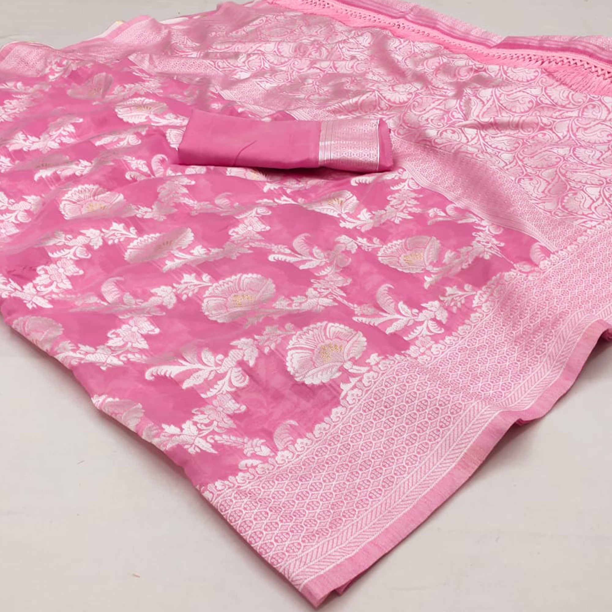 Pink Woven Cotton Blend Saree With Tassels