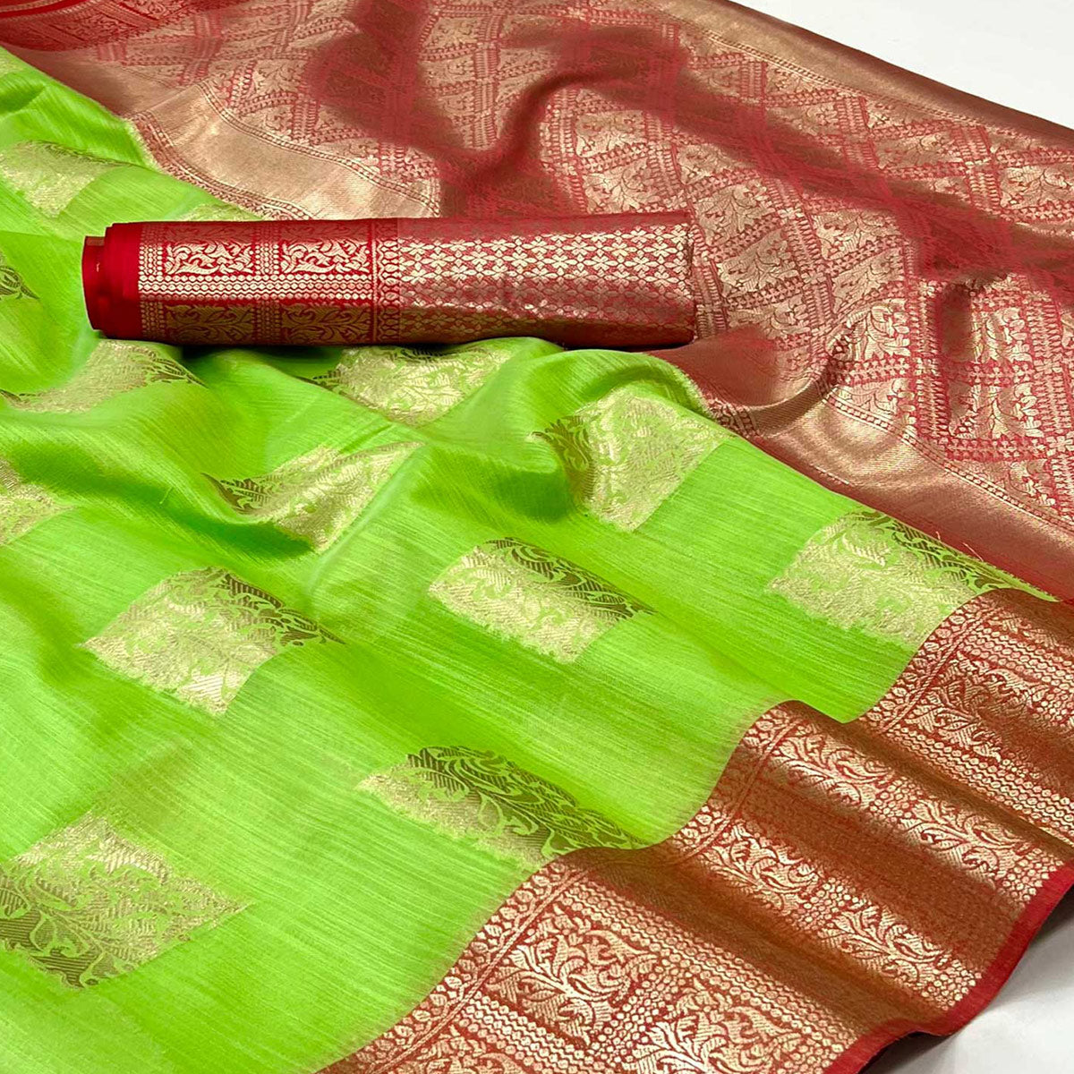 Green Woven Linen Saree With Tassels