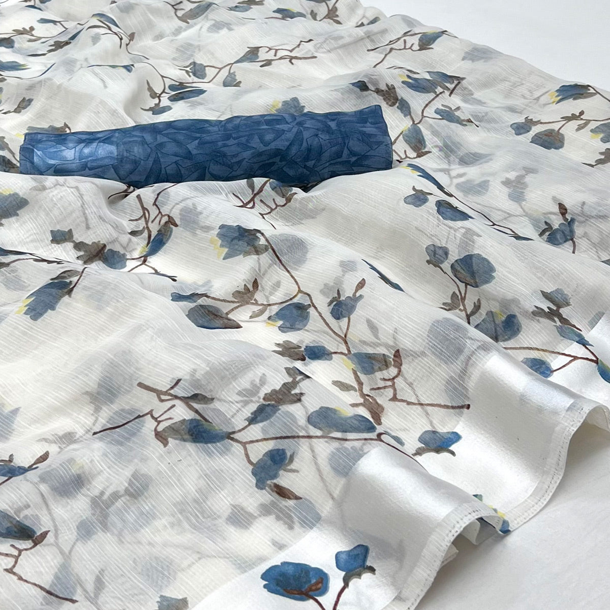 White Navy Blue Floral Printed Linen Saree