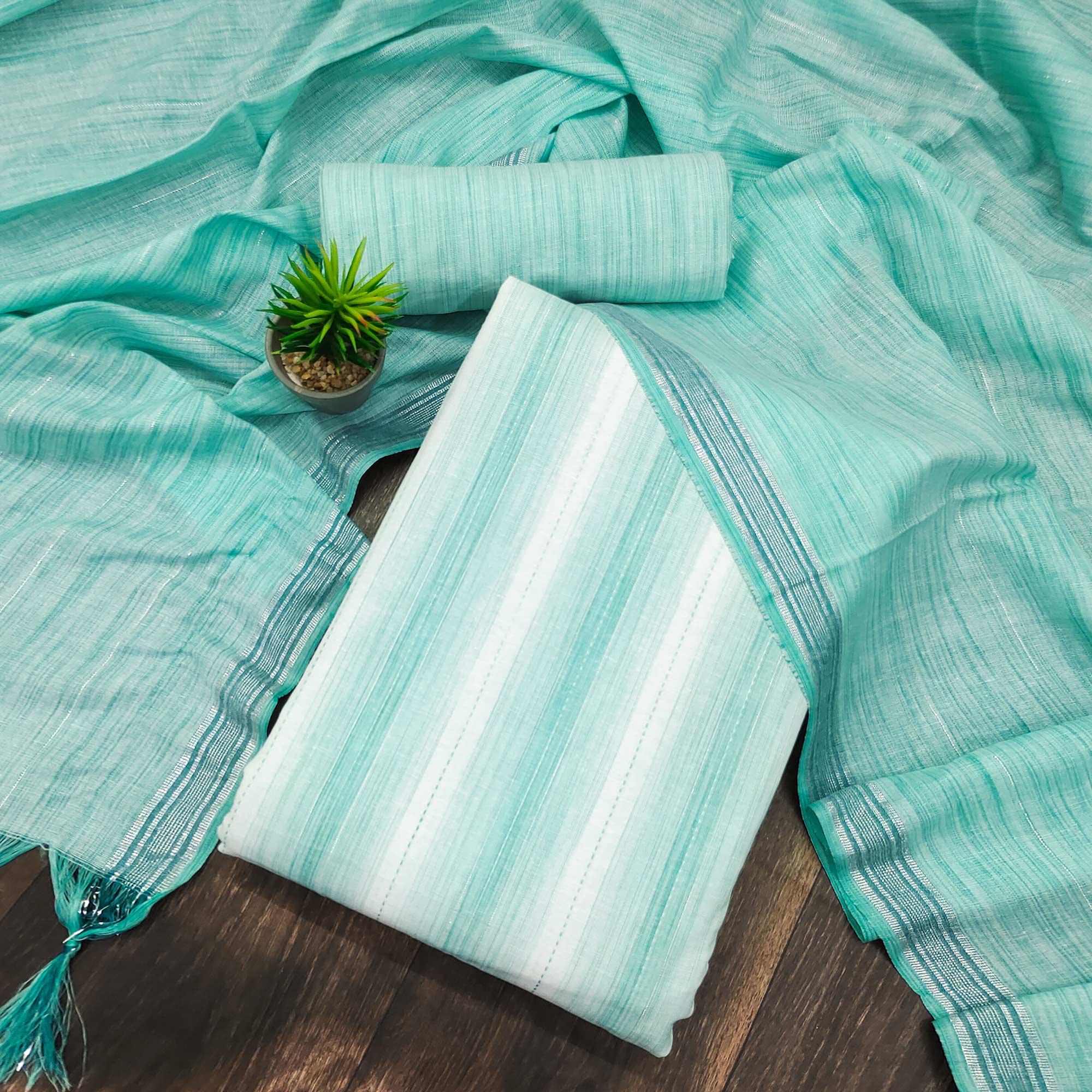 Sea Green Woven Cotton Dress Material