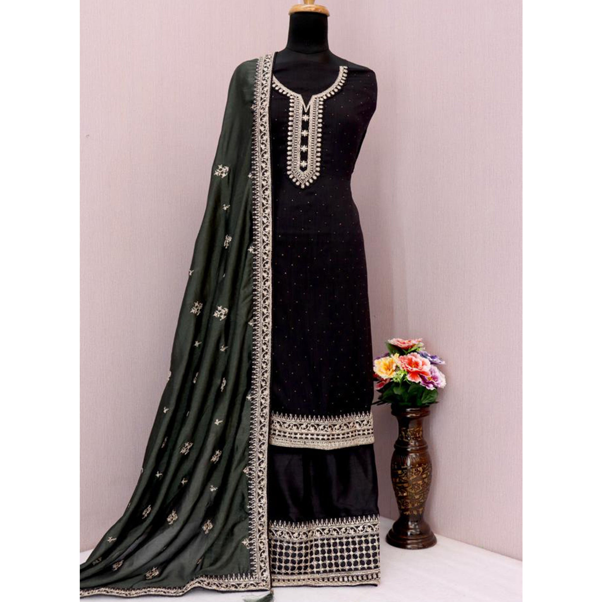 Black Embroidered Georgette Semi Stitched Palazzo Suit