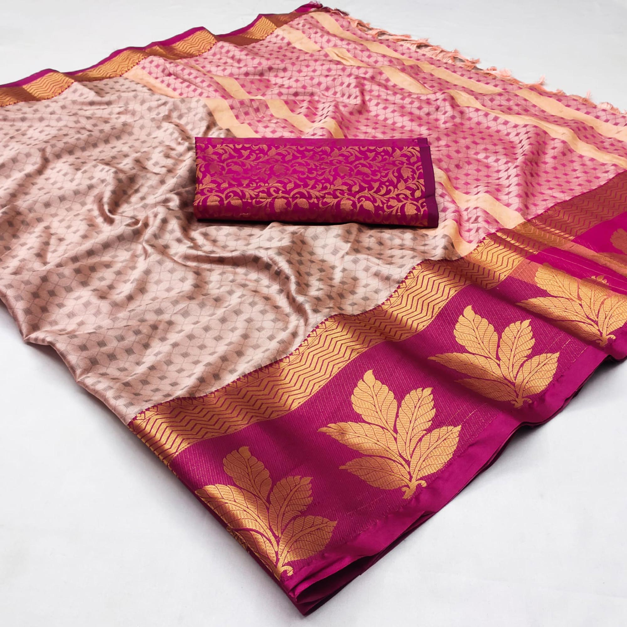 Peach Woven Cotton Silk Saree With Tassels