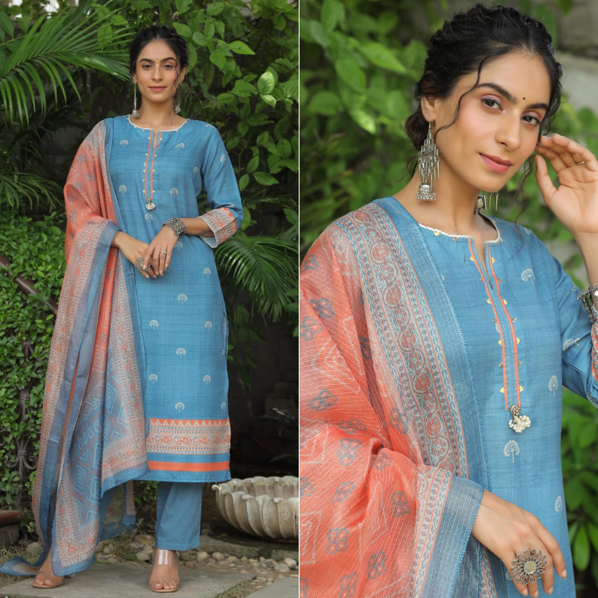 Blue Floral Printed Rayon Suit