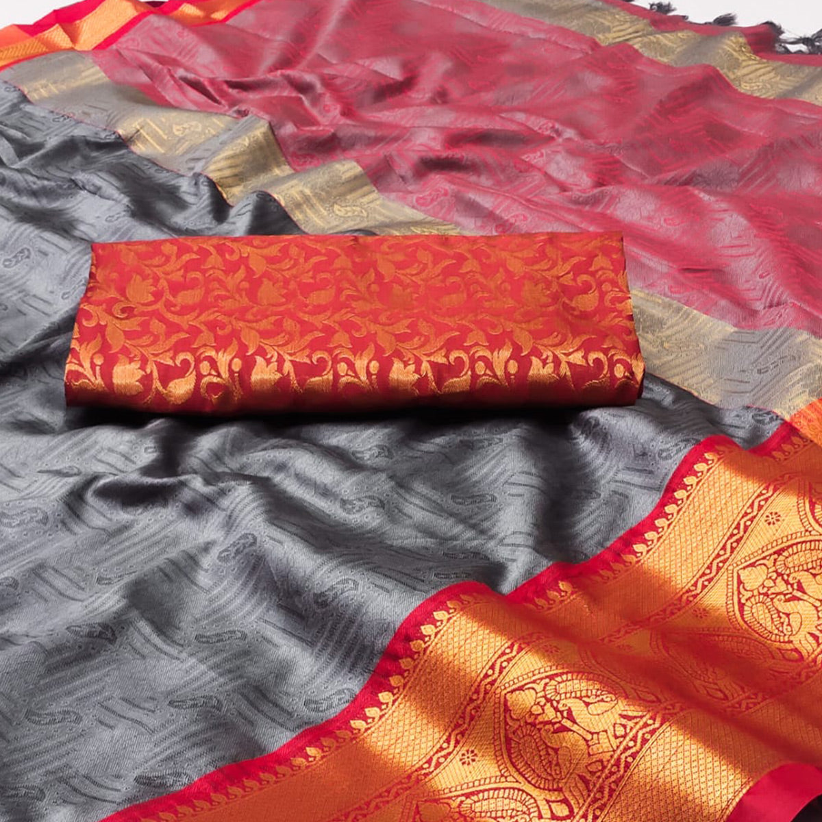 Grey Woven Cotton Silk Saree With Tassels