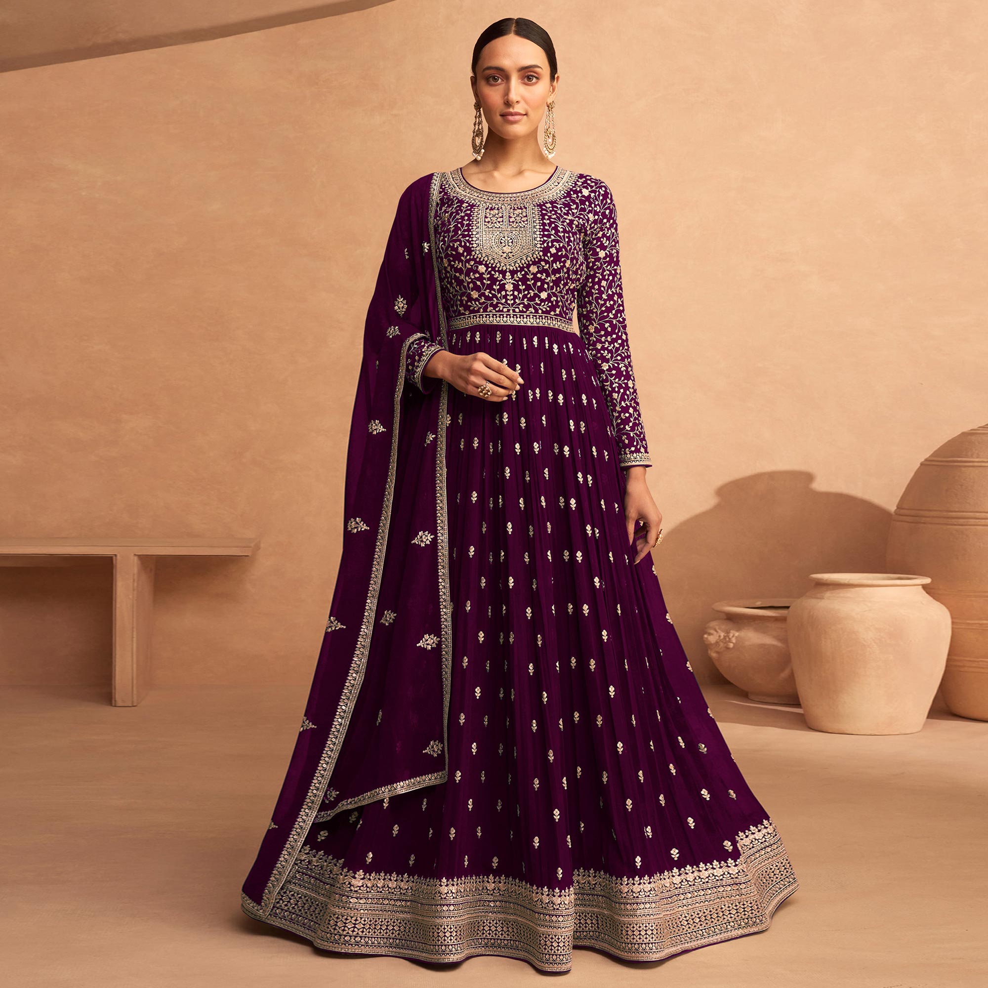 Purple Floral Sequins Embroidered Georgette Semi Stitched Anarkali Suit