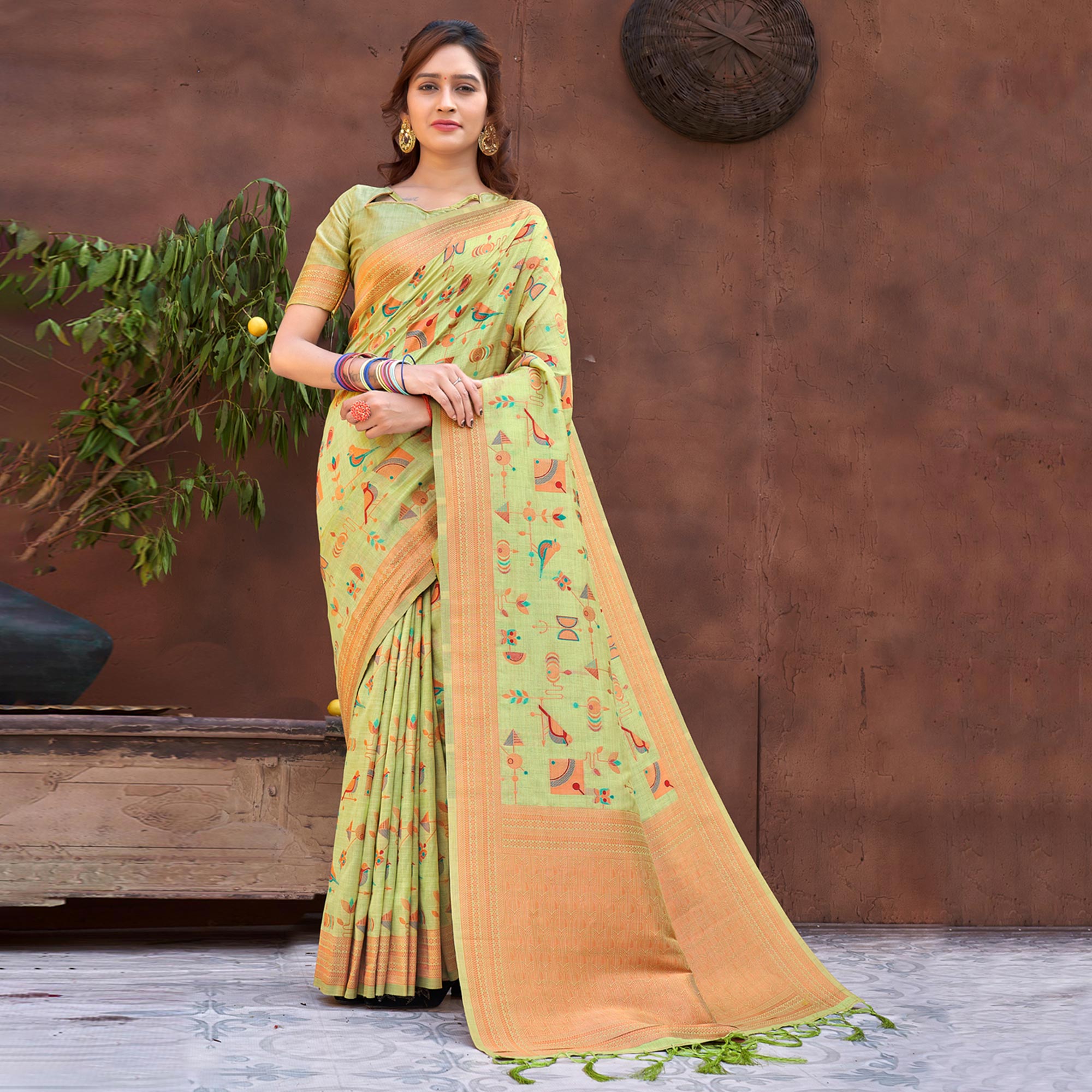 Light Green Woven Art Silk Saree With Tassels