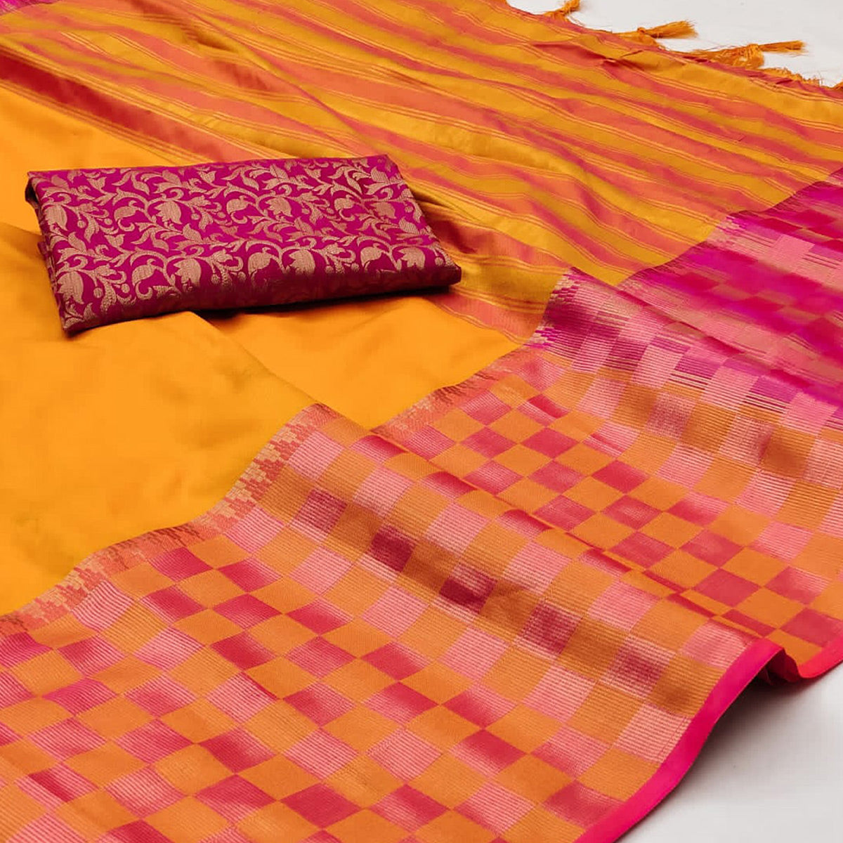 Orange Woven Cotton Silk Saree With Tassels