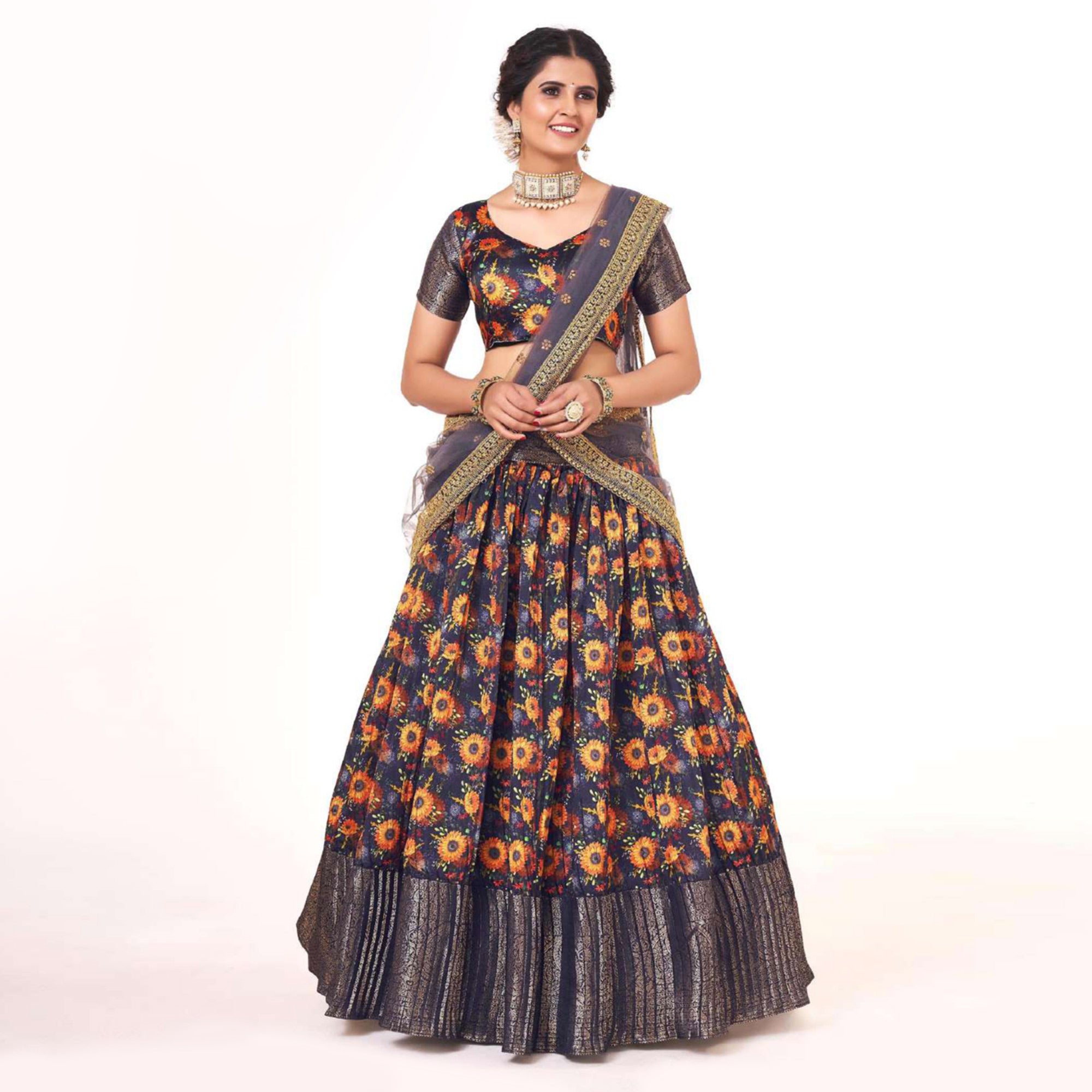 Indigo Blue Digital Printed With Zari Work Art Silk Lehenga Choli