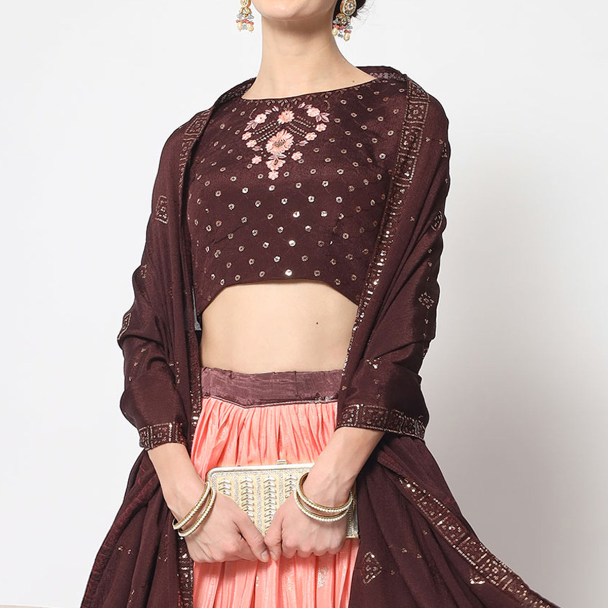 Coffee & Peach Foil Printed Chiffon Lehenga Choli