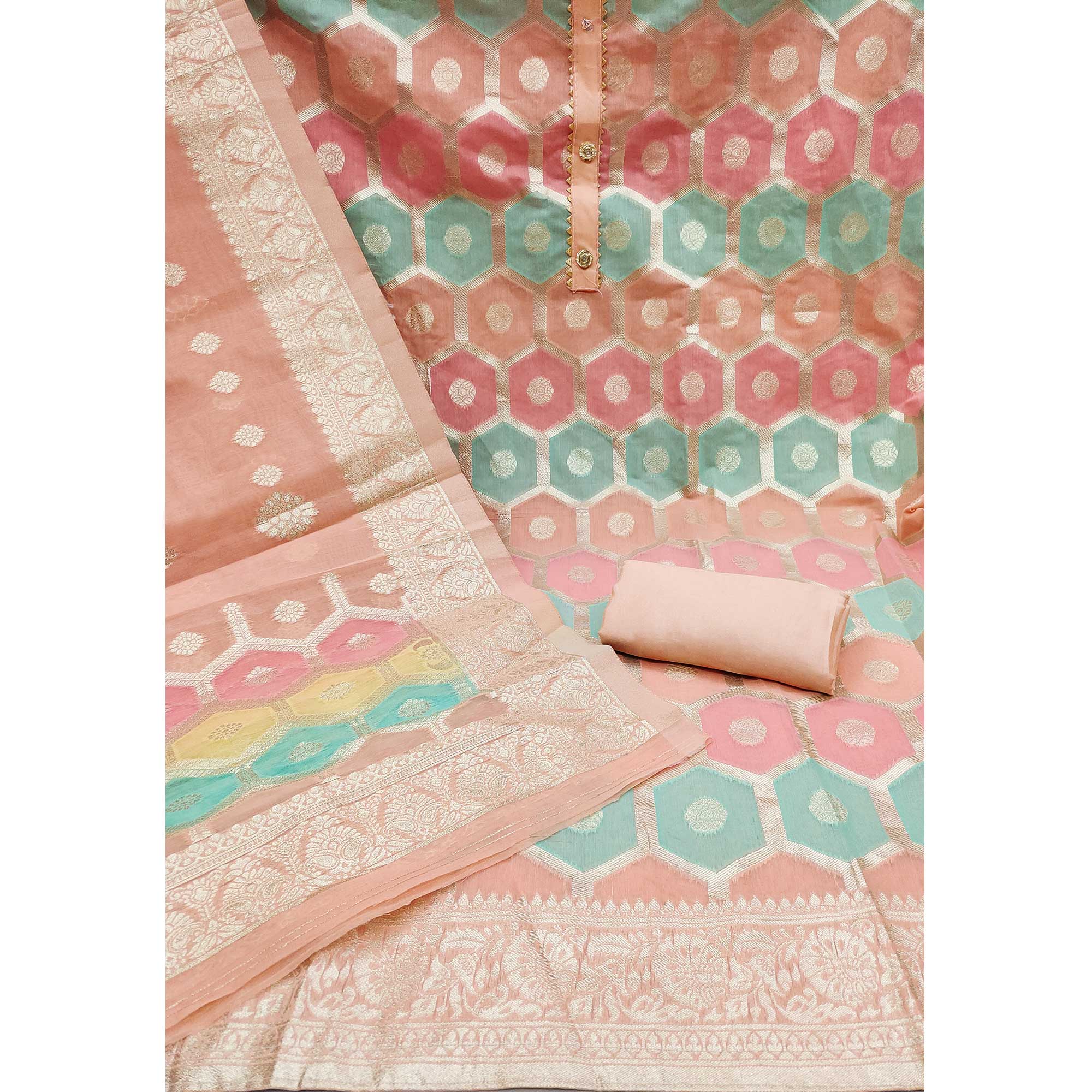 Peach Woven Banarasi Silk Dress Material