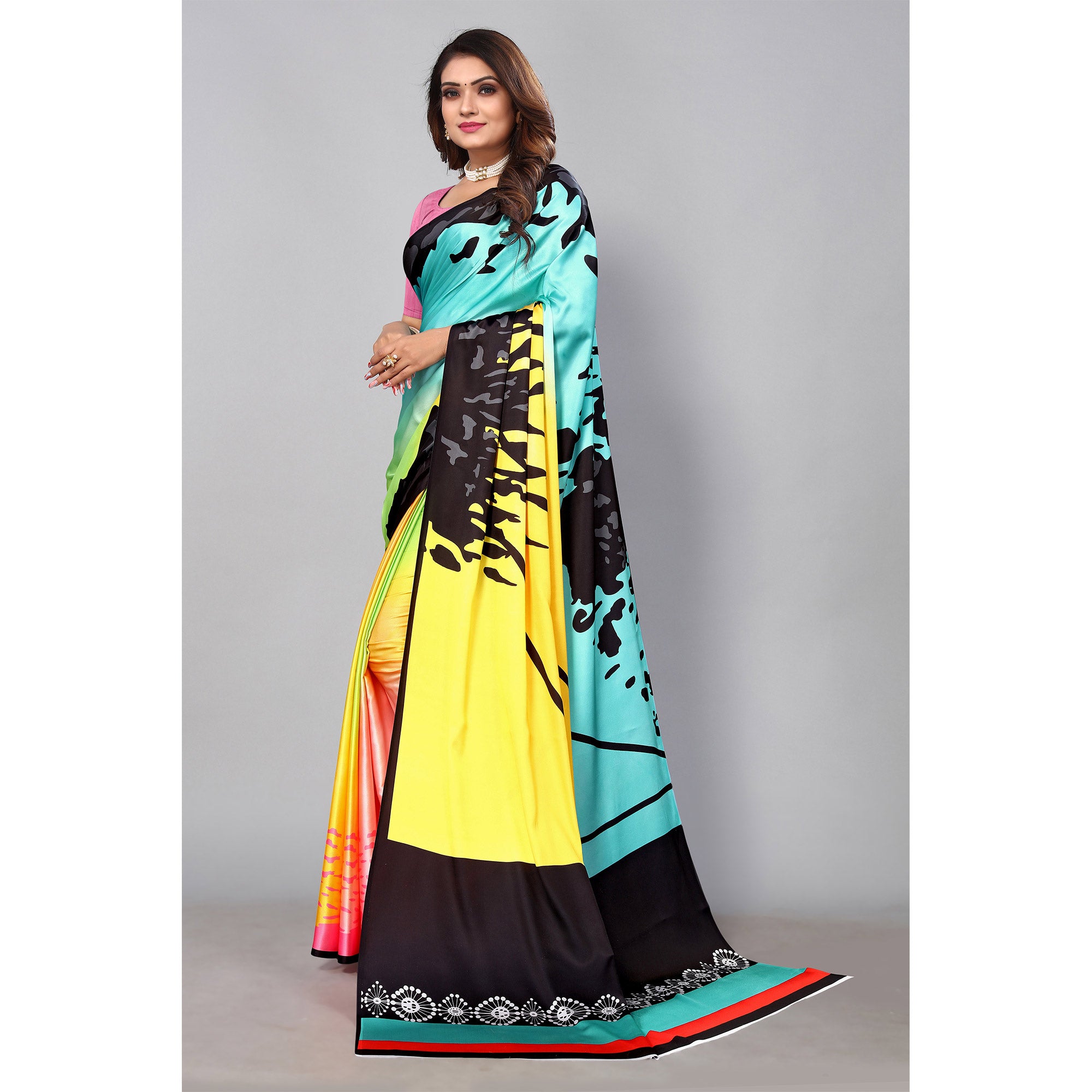 Multicolored Digital Printed Satin Saree