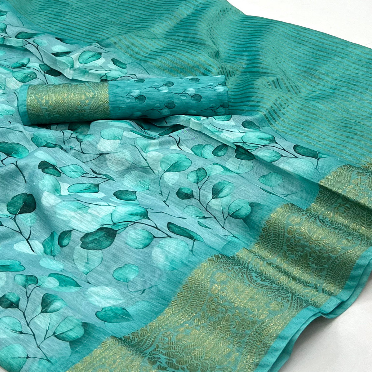 Blue Floral Digital Printed Pure Cotton Saree