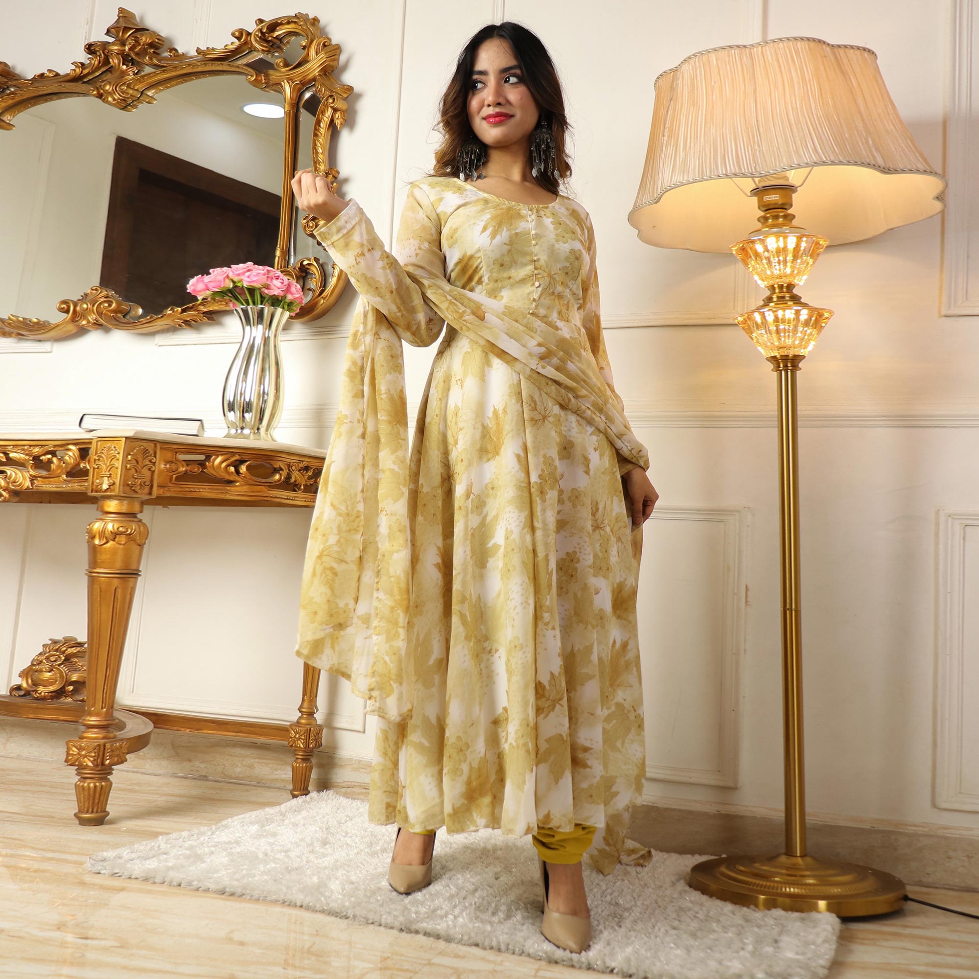 Light Yellow Floral Printed Georgette Anarkali Suit