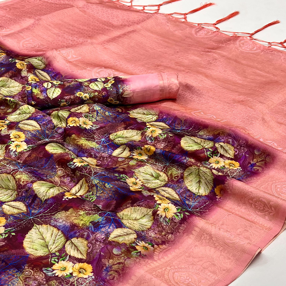 Purple & PInk Floral Digital Printed Jacquard Saree