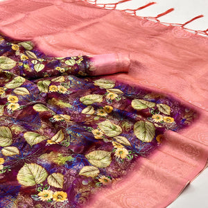 Purple & PInk Floral Digital Printed Jacquard Saree