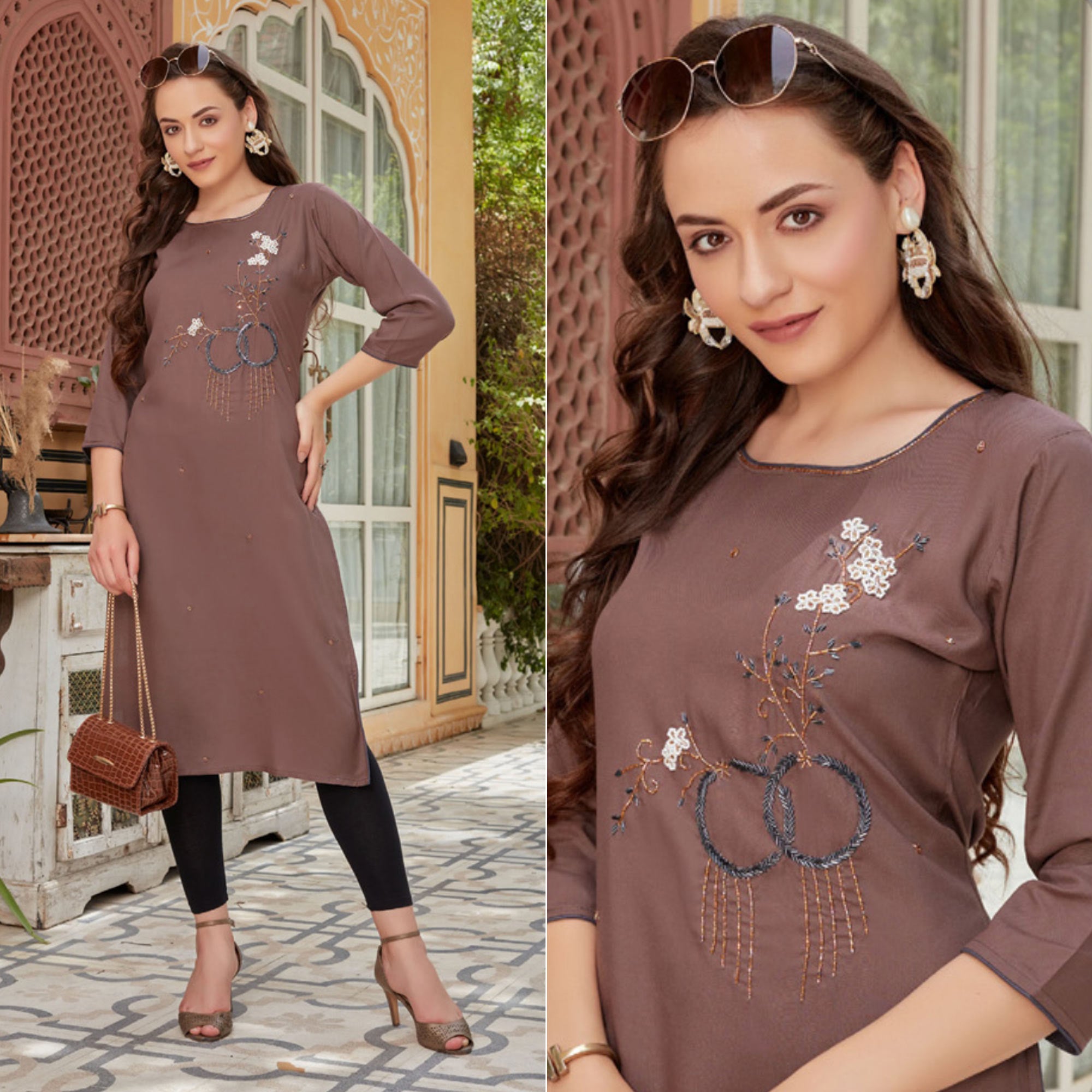 Brown Embroidered Rayon Kurti