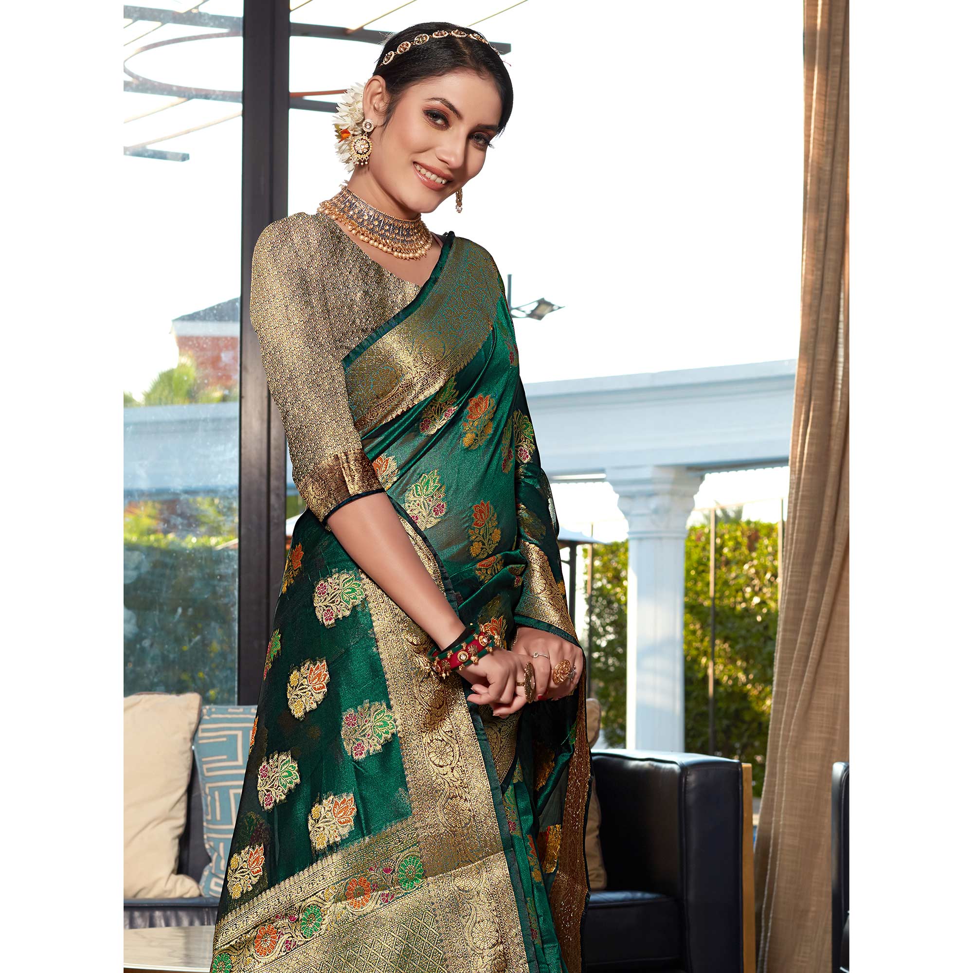 Green Floral Woven Organza Saree