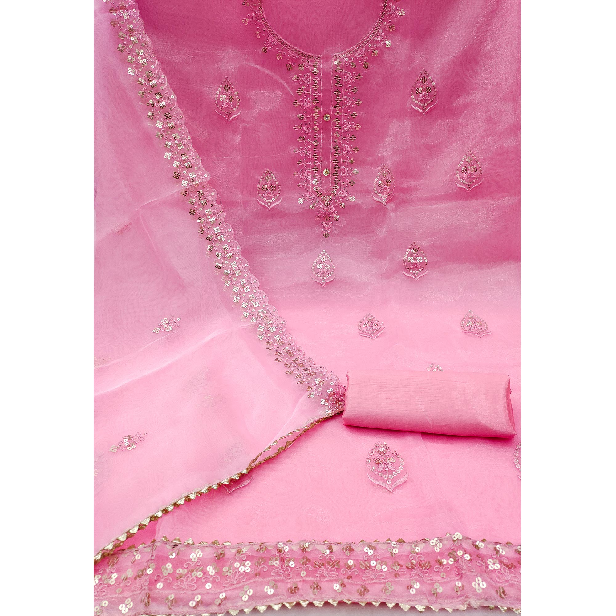 Pink Sequins Embroidered Organza Dress Material