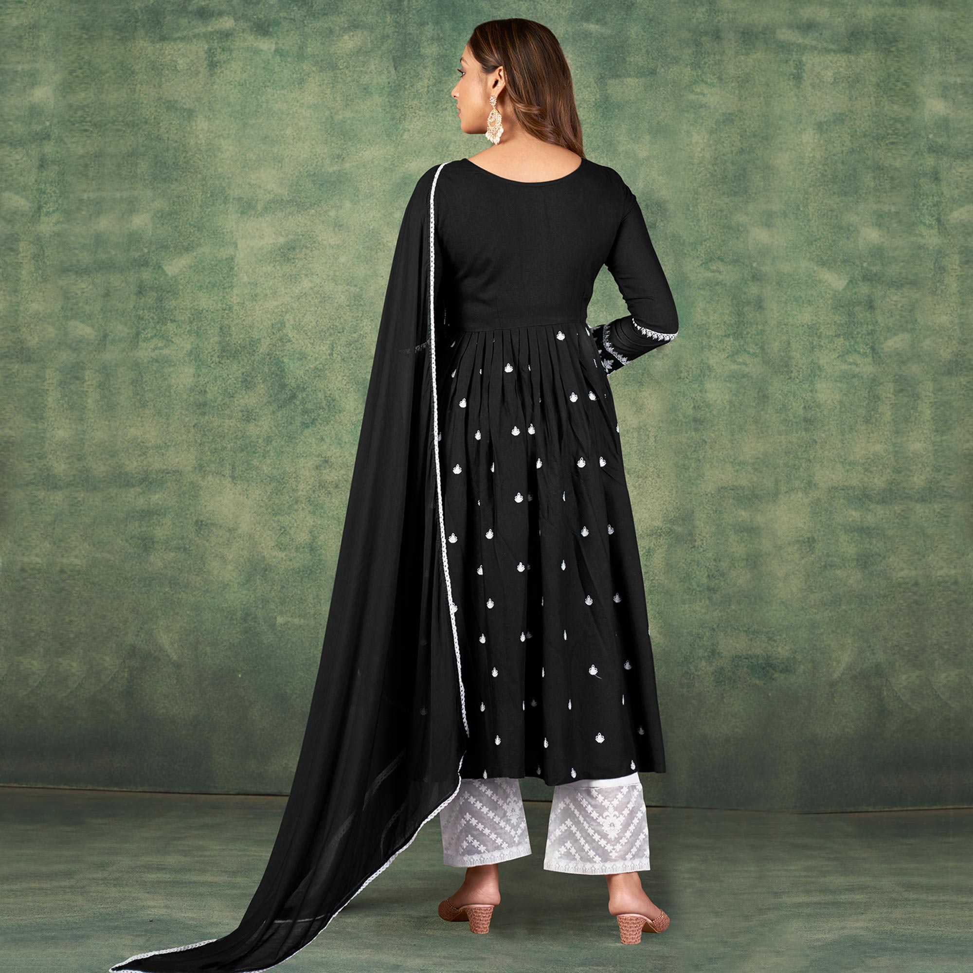 Black Lucknowi Work Rayon Naira Cut Palazzo Suit