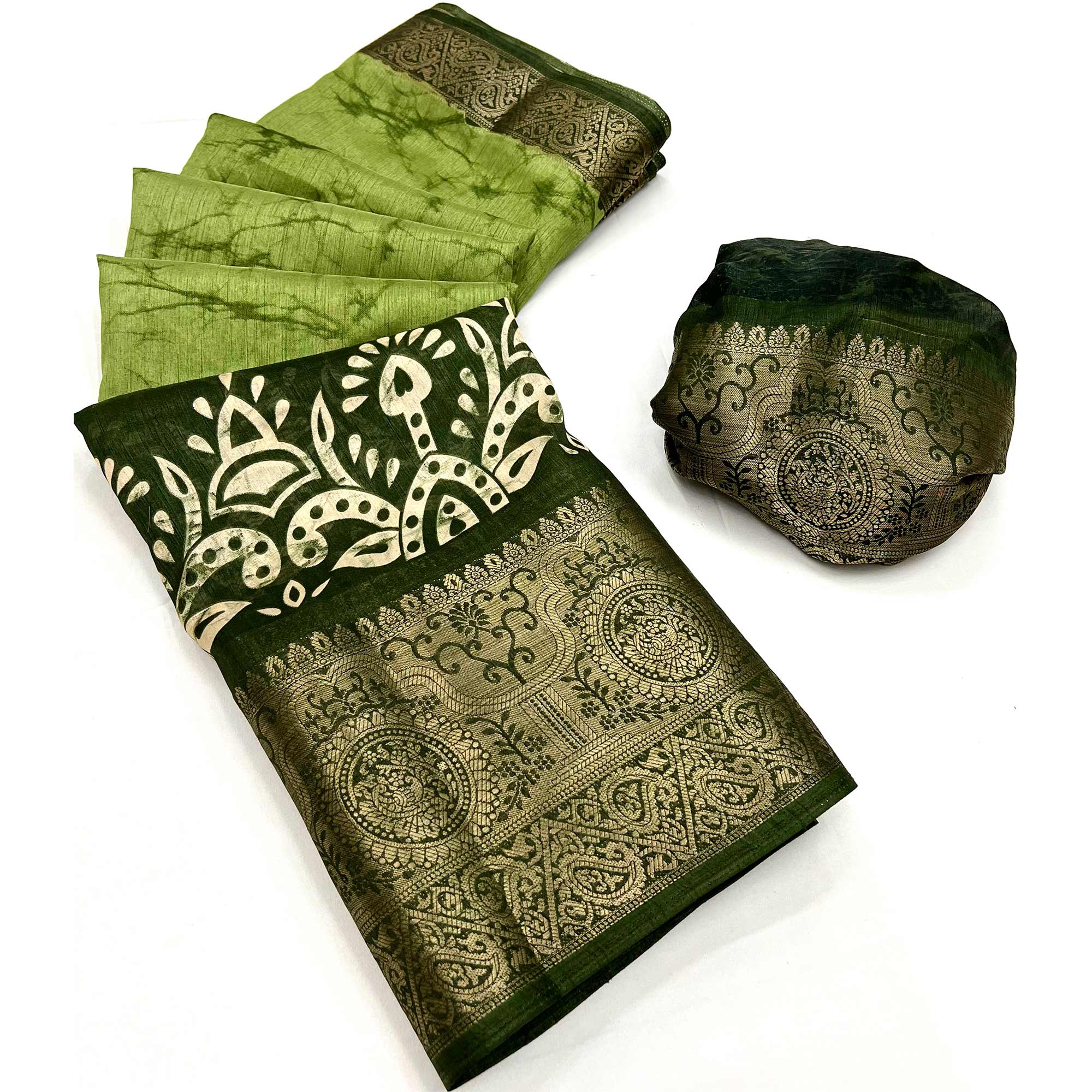 Pista Green Floral Printed With Woven Dola Silk Saree