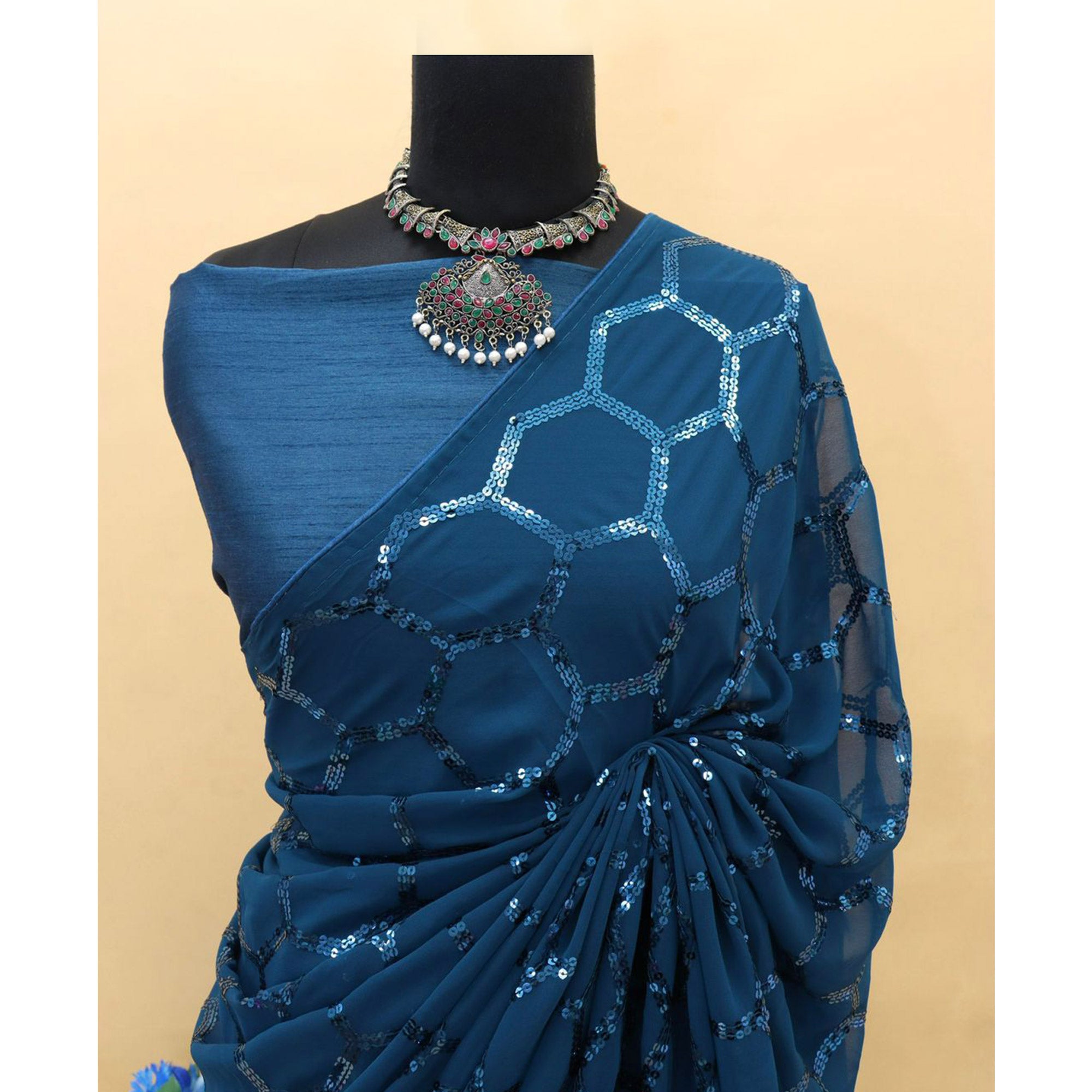Morpich Sequins Embroidered Georgette Saree