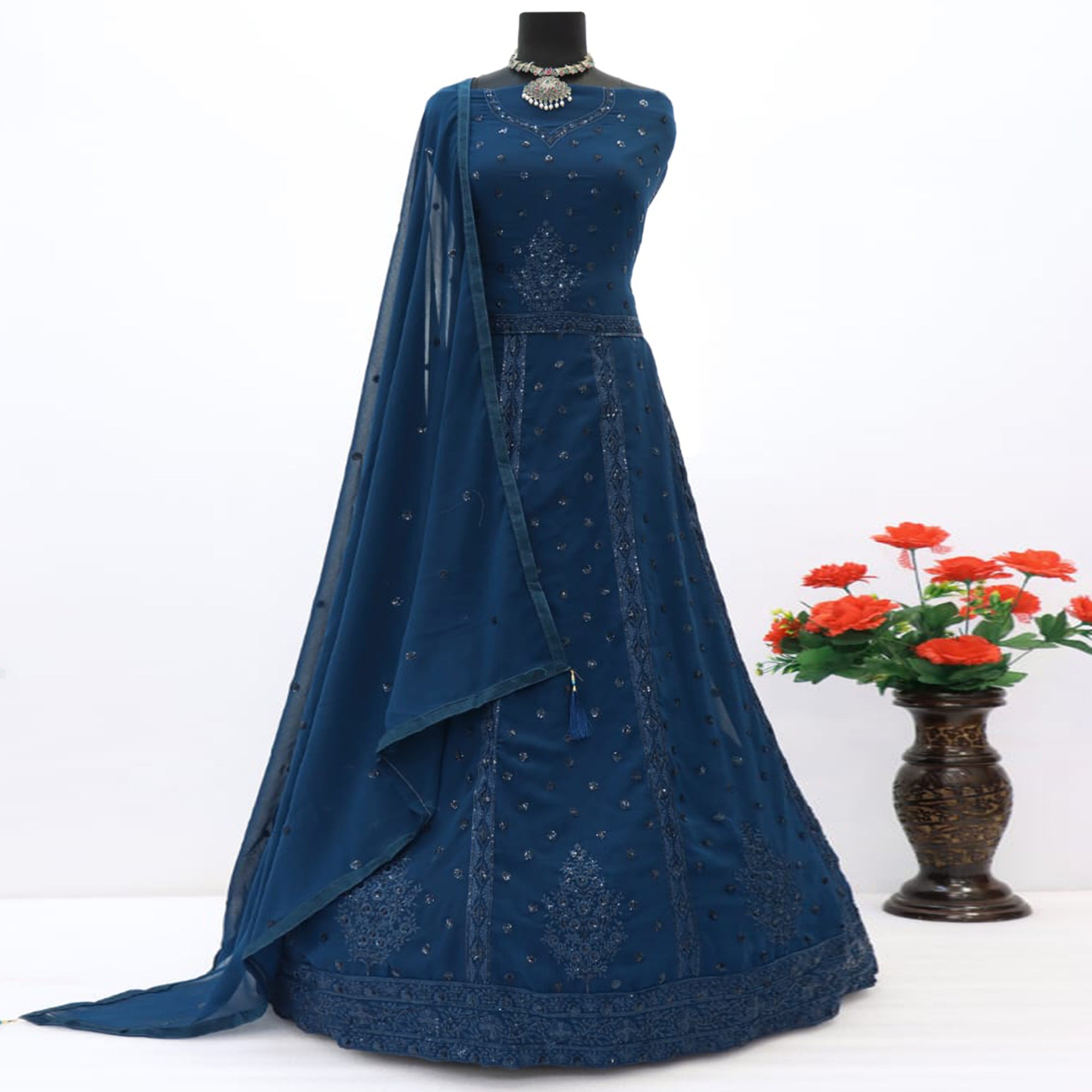 Sea Blue Embroidered Georgette Gown