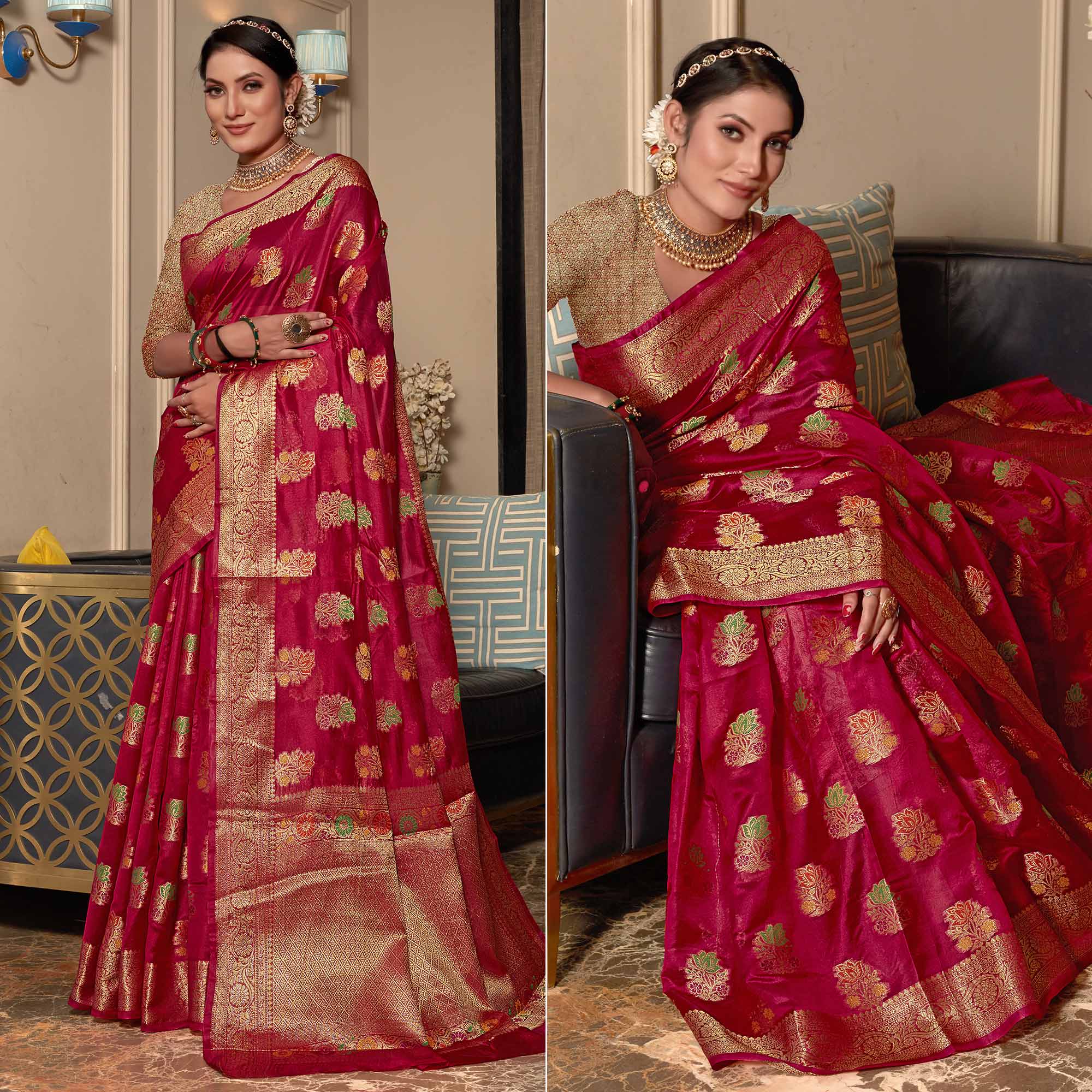 Rani Pink Floral Woven Organza Saree