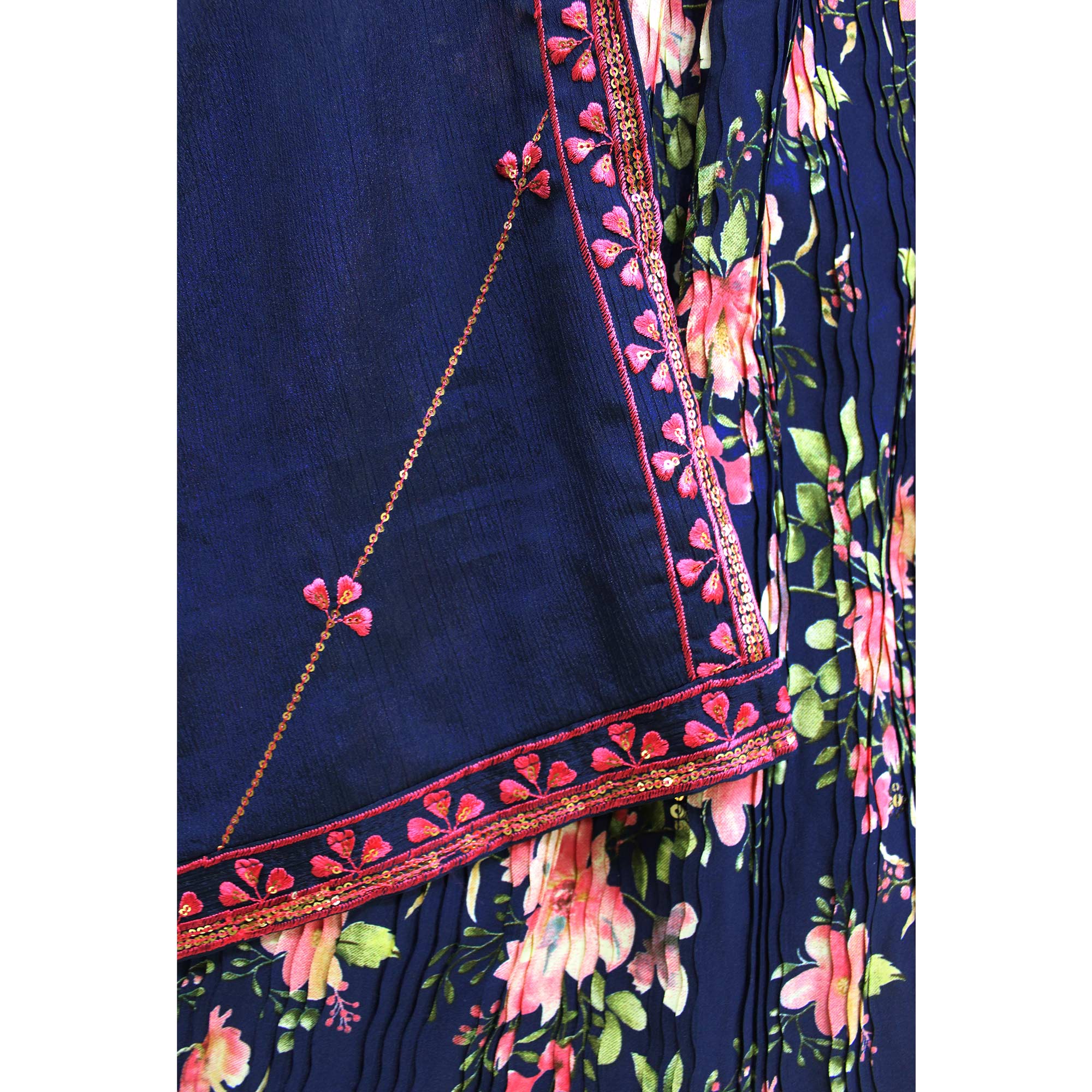 Navy Blue Floral Printed Art Silk Lehenga Choli