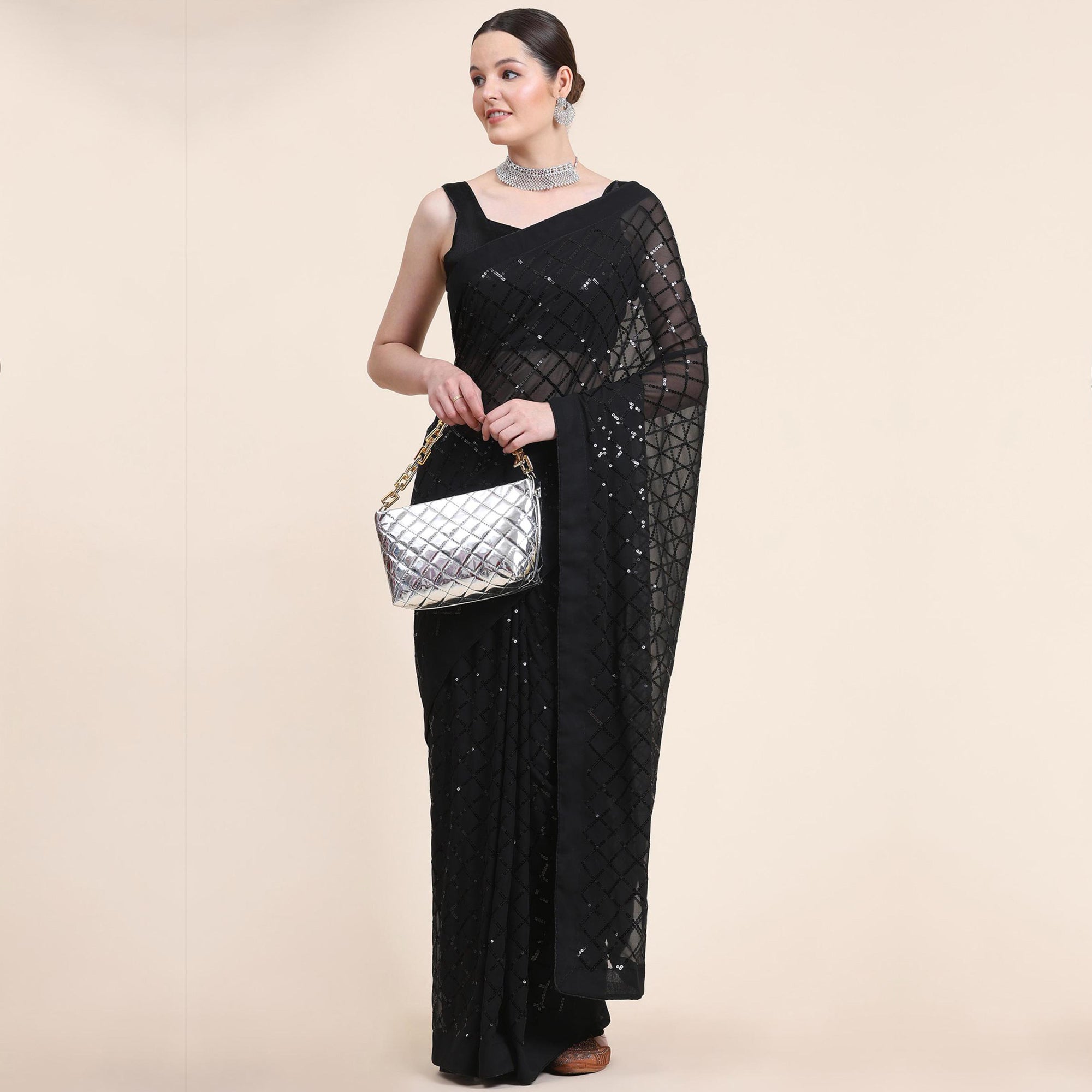 Black Sequins Embroidered Georgette Saree