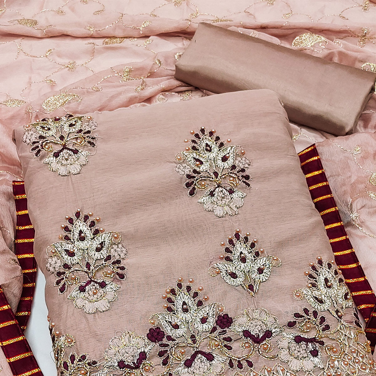 Peach Floral Embroidered Modal Dress Material