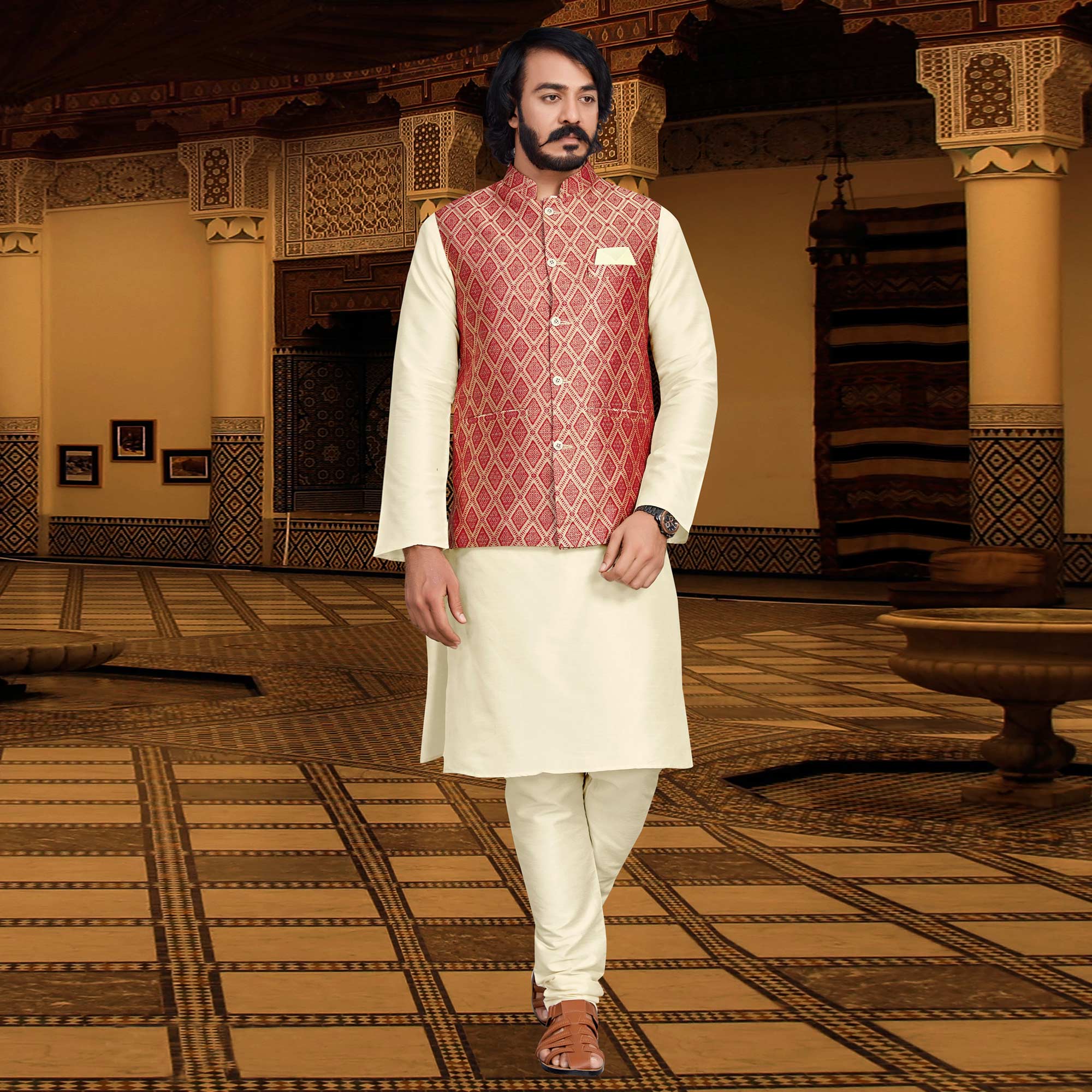 Cream Red Woven Art Silk Kurta Pyjama Set With Jacket