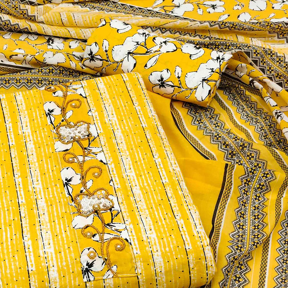 Yellow Printed Cotton Dress Material