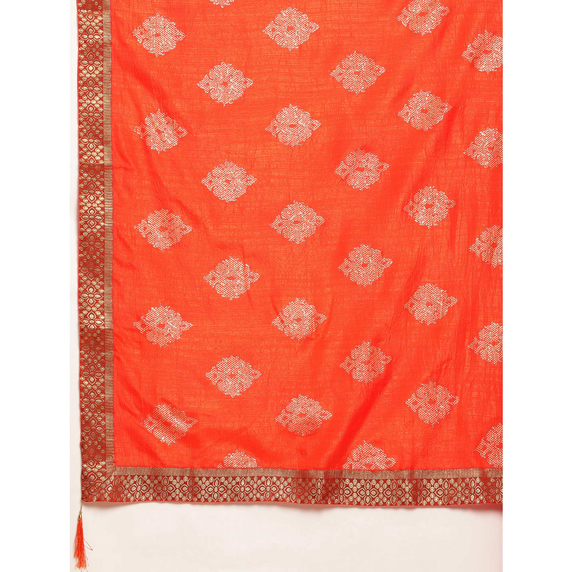 Orange Floral Foil Printed Vichitra Silk Saree