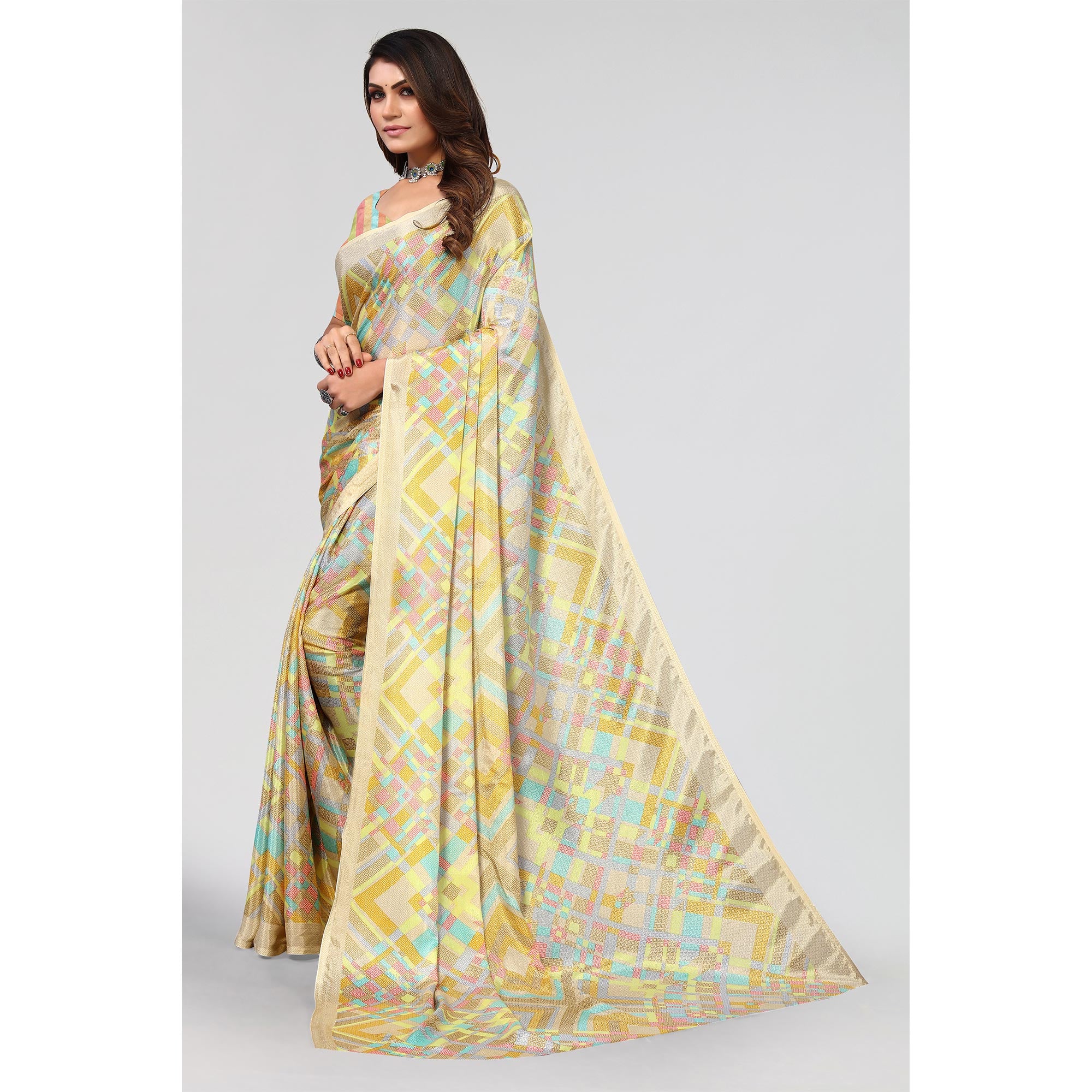 Beige Geometric Printed Chiffon Saree