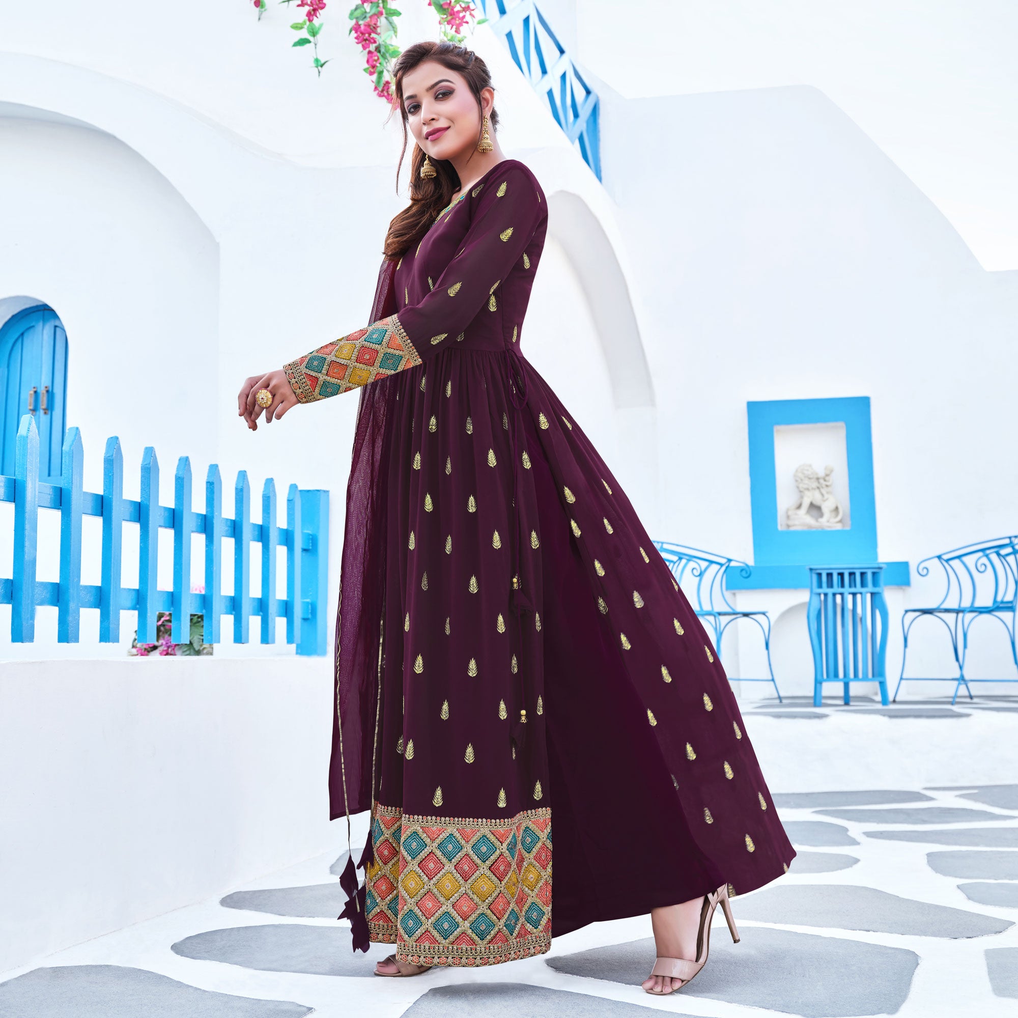 Wine Sequins Embroidered Georgette Naira Cut Suit