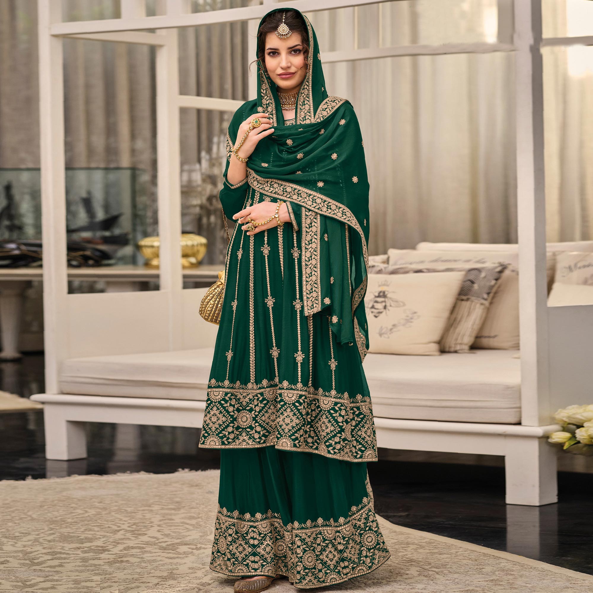 Green Floral Embroidered Georgette Sharara Suit