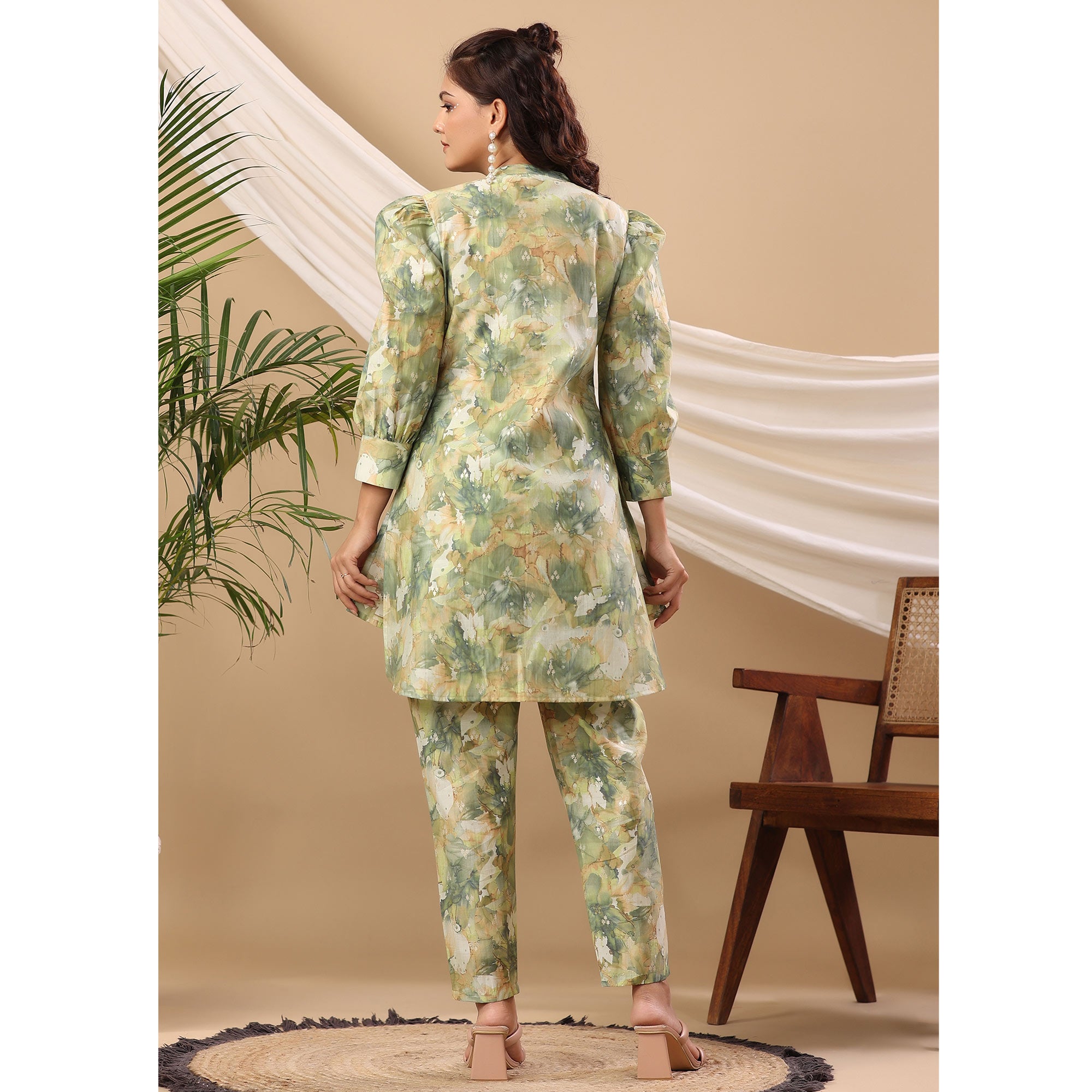 Green Floral Printed Cotton Silk Co Ord Set