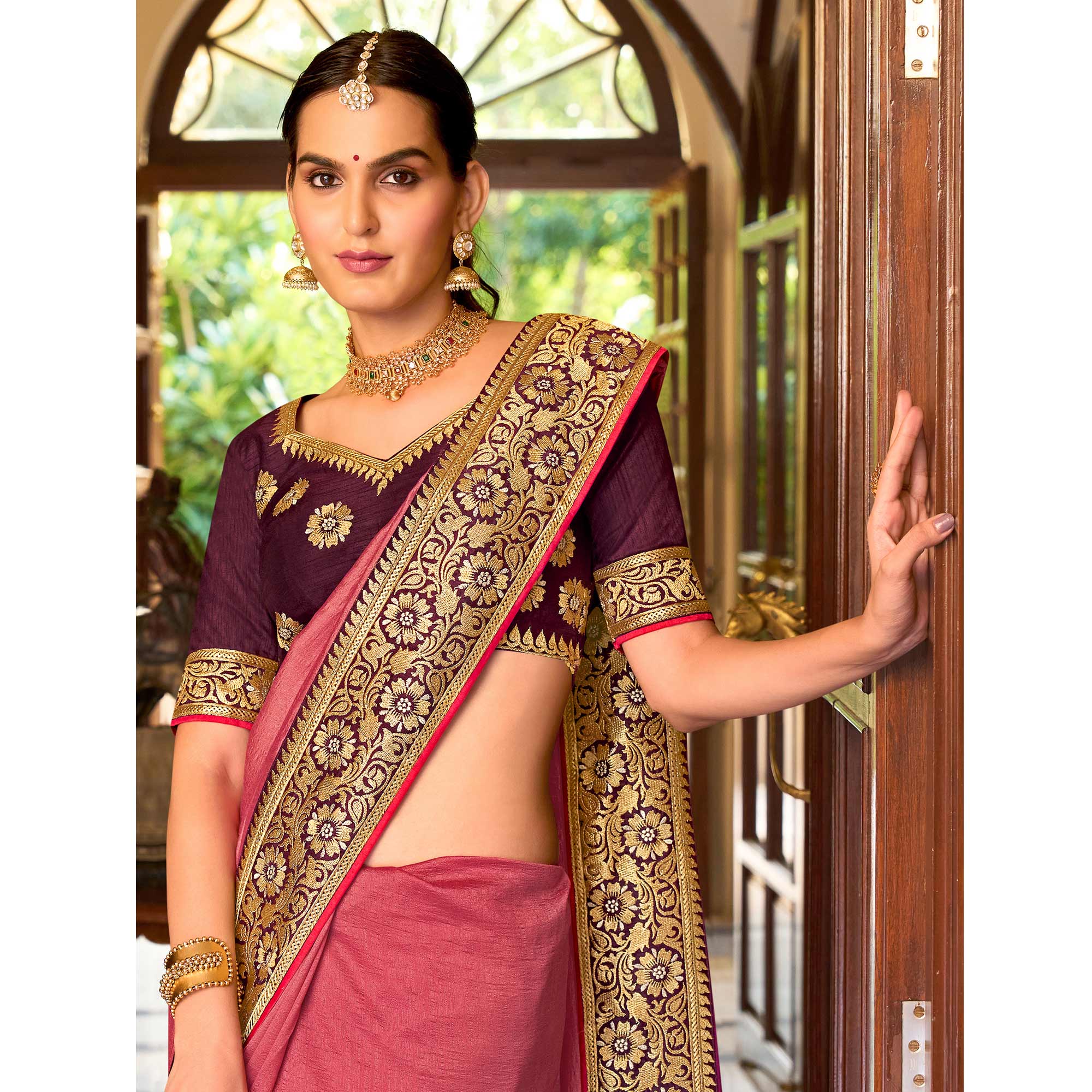 Pink Embroidered Vichitra Silk Saree With With Tassels