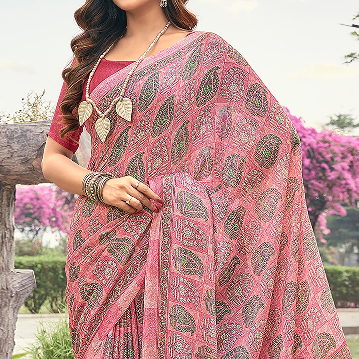 Salmon Pink Printed Chiffon Saree