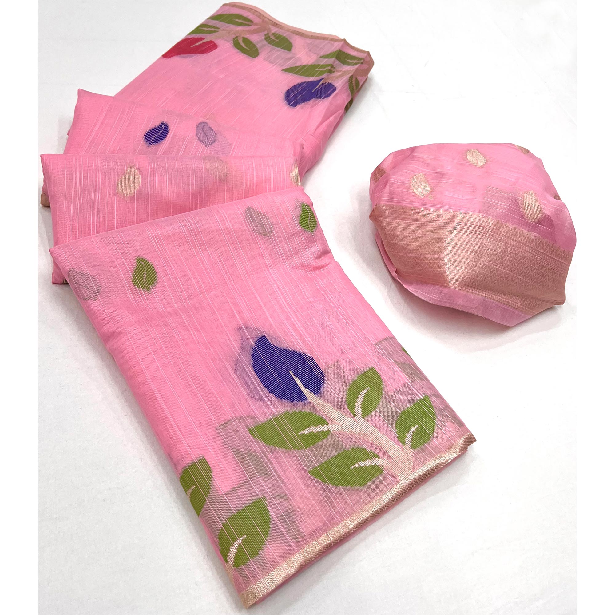 Pink Floral Woven Cotton Saree