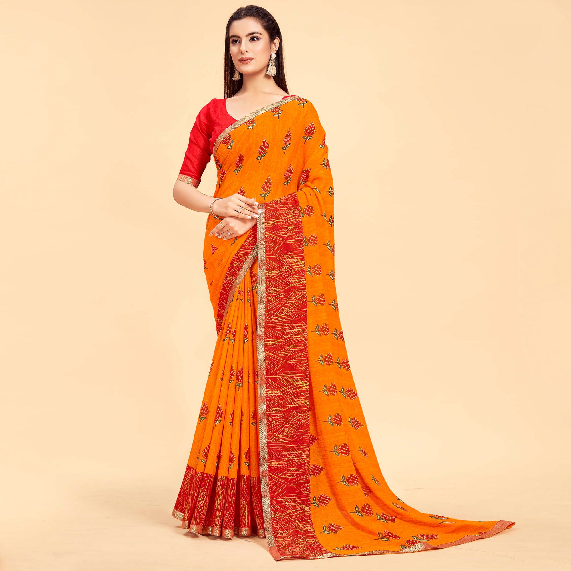 Orange And Multicolored Printed Art Silk Saree Pack Of 2