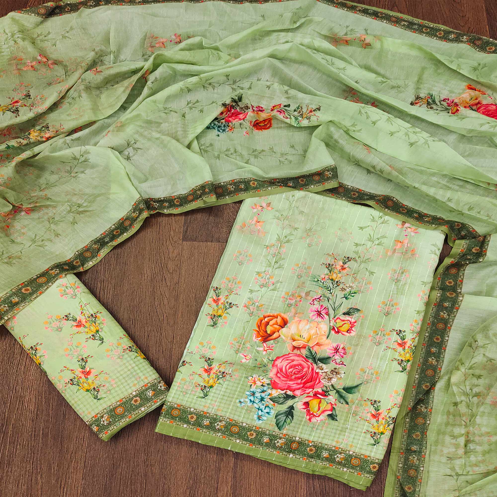 Green Floral Digital Printed Muslin Dress Material