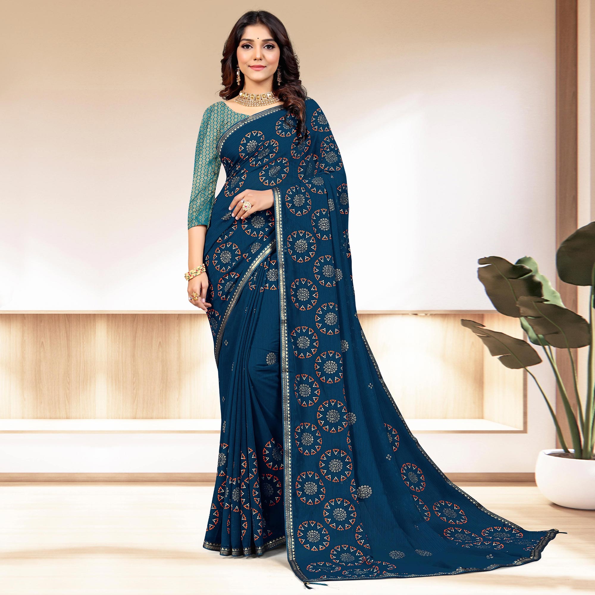 Blue Bandhani Printed Chiffon Saree