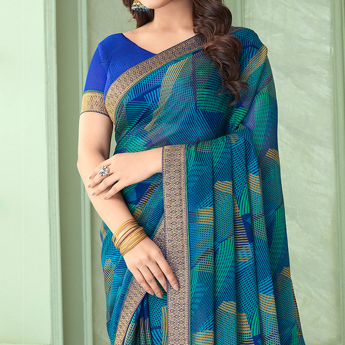 Sky Blue Digital Printed Chiffon Saree With Lace Border