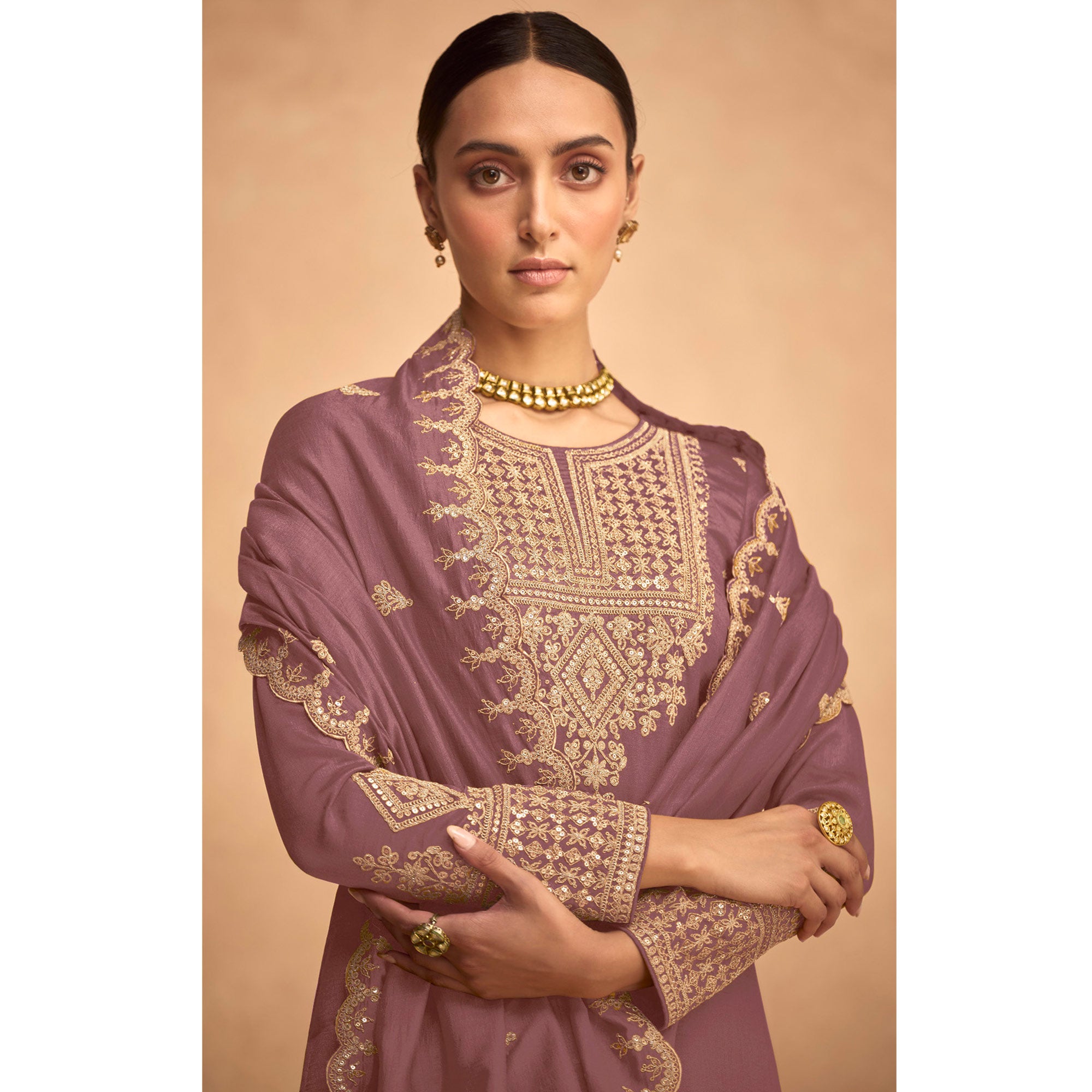 Mauve Sequins Embroidered Georgette Palazzo Suit