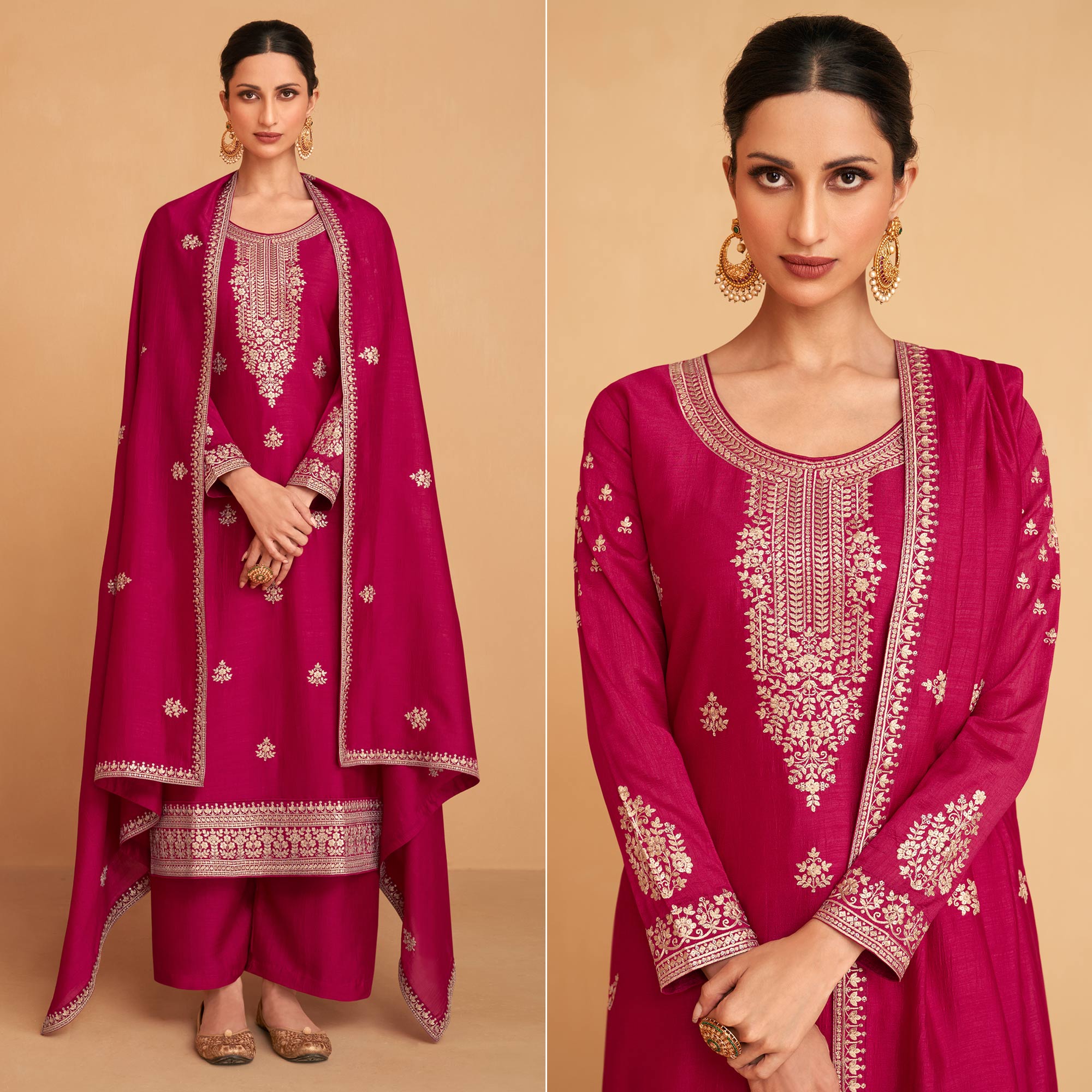 Magenta Pink Embroidered Art Silk Palazzo Suit